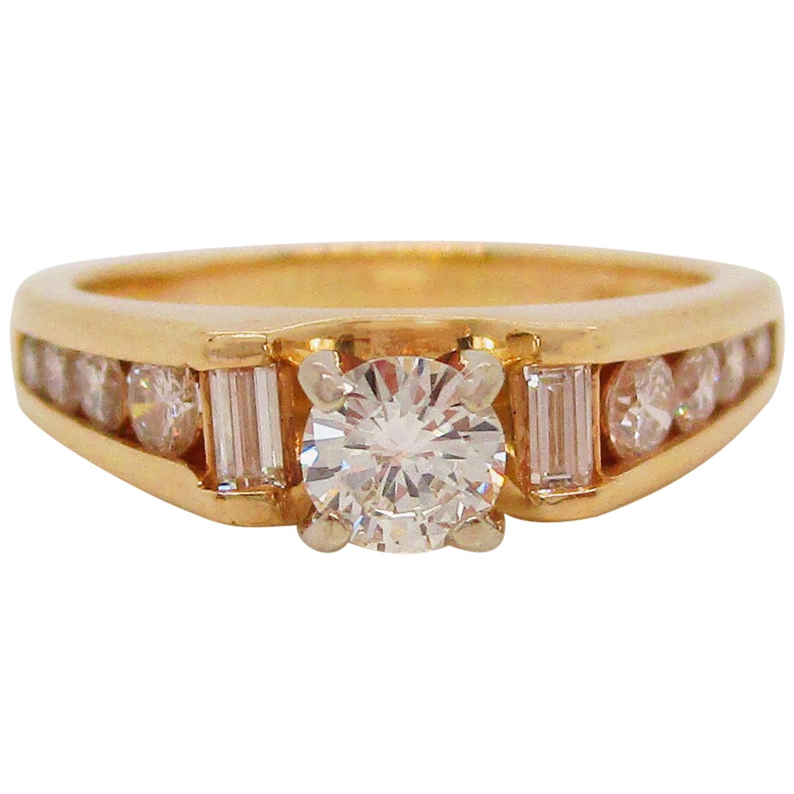 14 Karat Yellow Gold Round and Baguette Diamond Engagement Ring