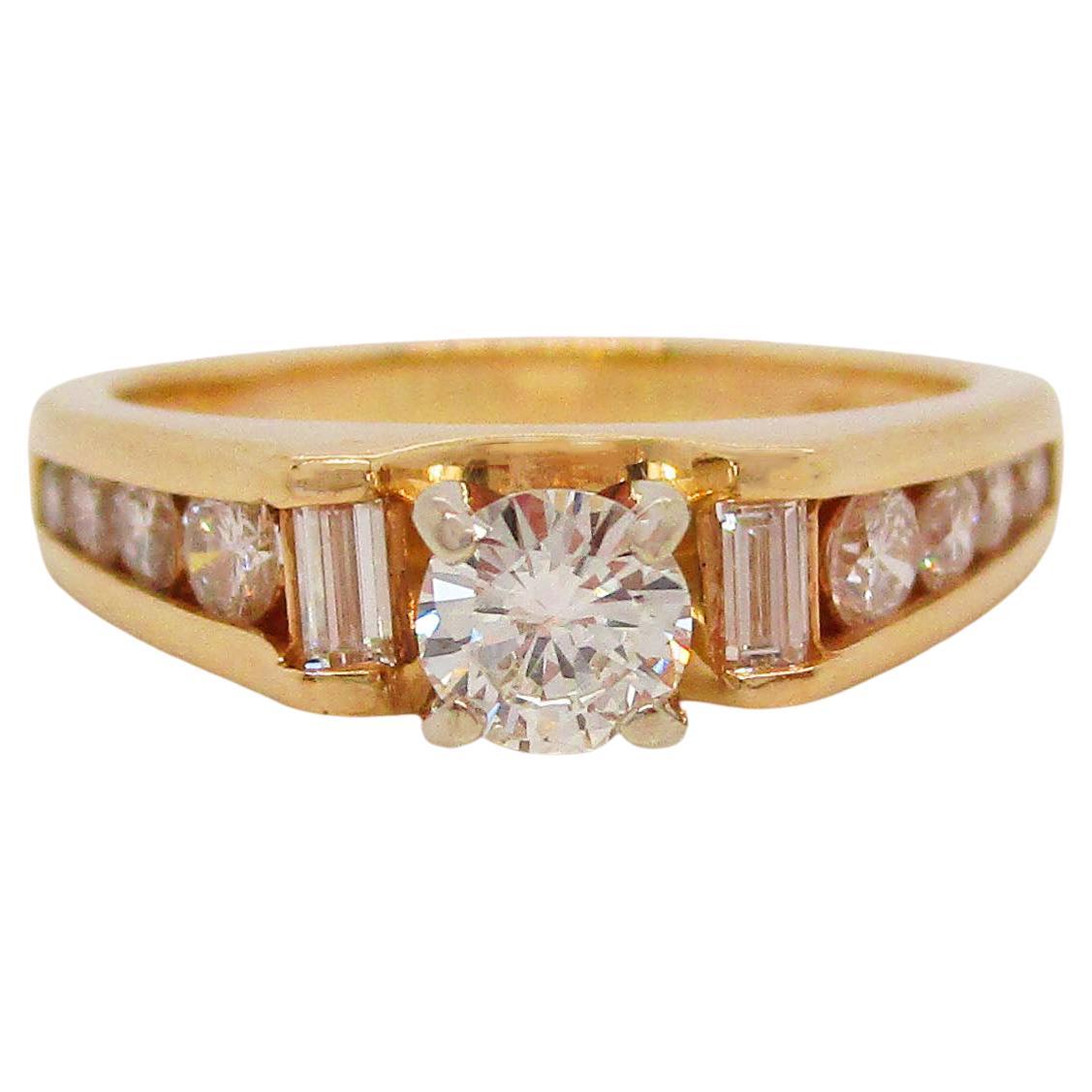 14 Karat Yellow Gold Round and Baguette Diamond Engagement Ring For Sale