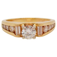 14 Karat Yellow Gold Round and Baguette Diamond Engagement Ring