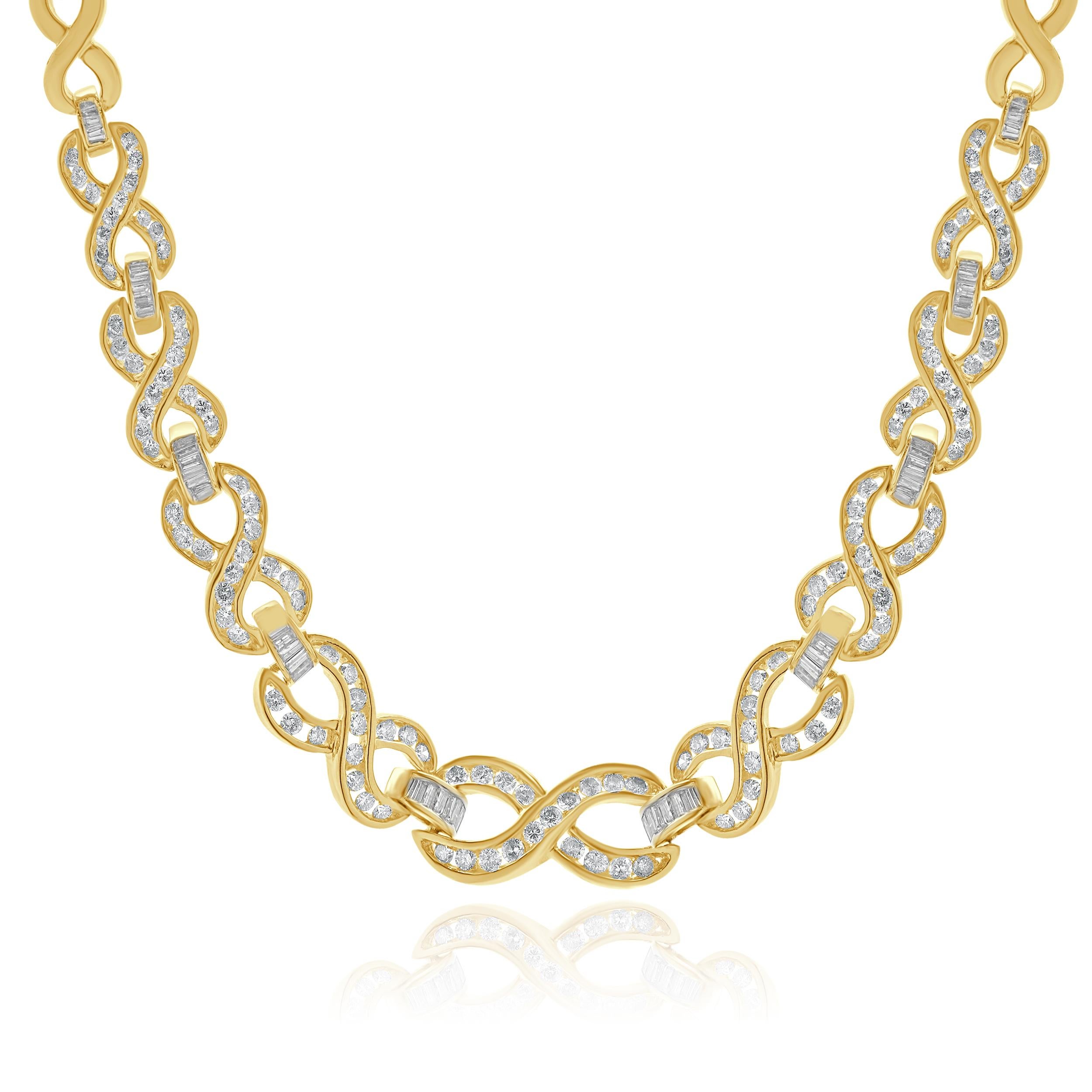 14 Karat Yellow Gold Round and Baguette Diamond Infinity Collar Necklace