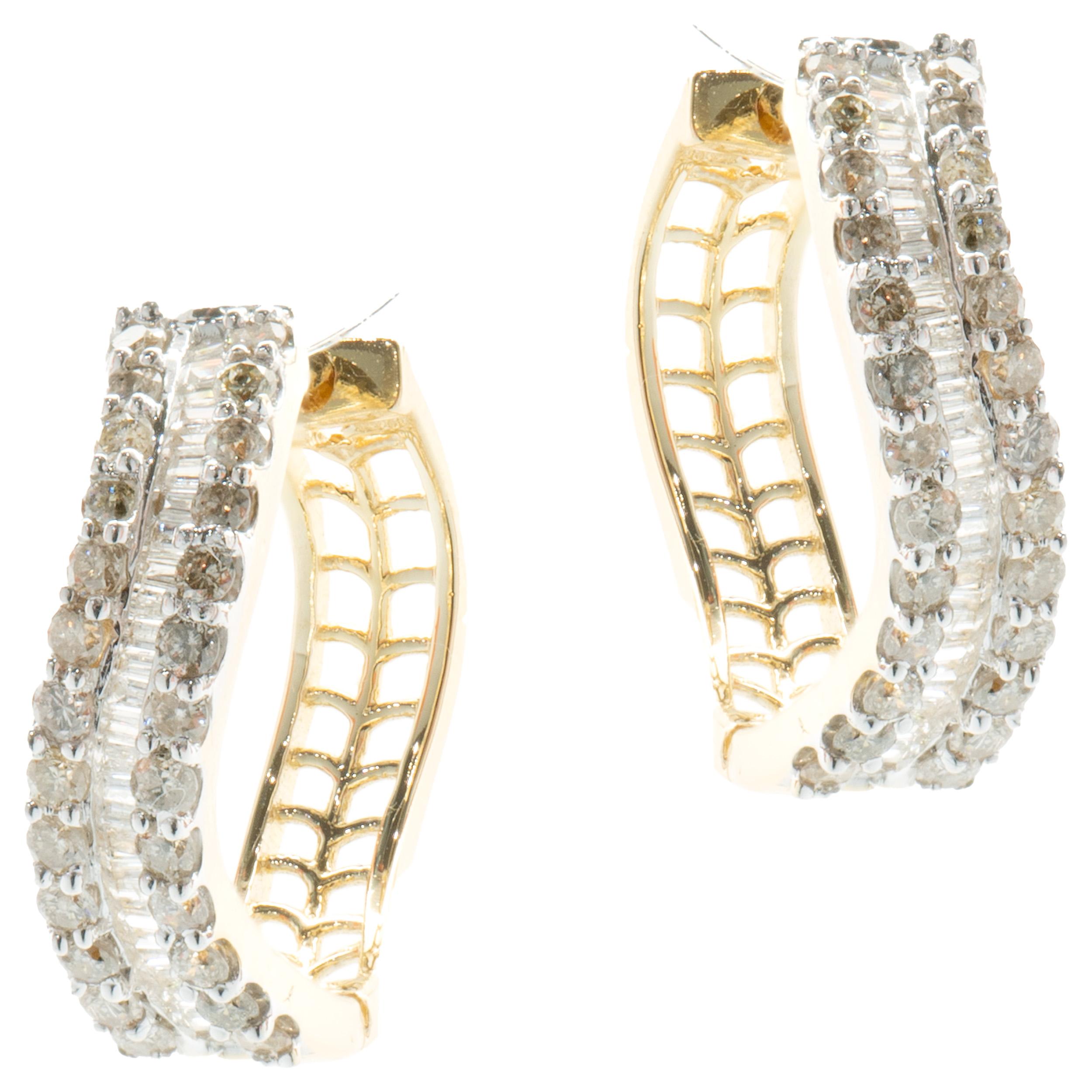14 Karat Yellow Gold Round and Baguette Diamond Wave Hoop Earrings In Excellent Condition For Sale In Scottsdale, AZ
