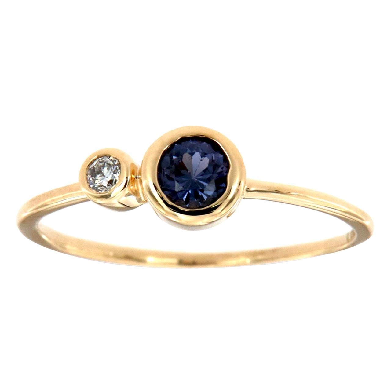 14 Karat Yellow Gold Round Blue Sapphire and Diamond Ring Center, 1/4 Carat For Sale