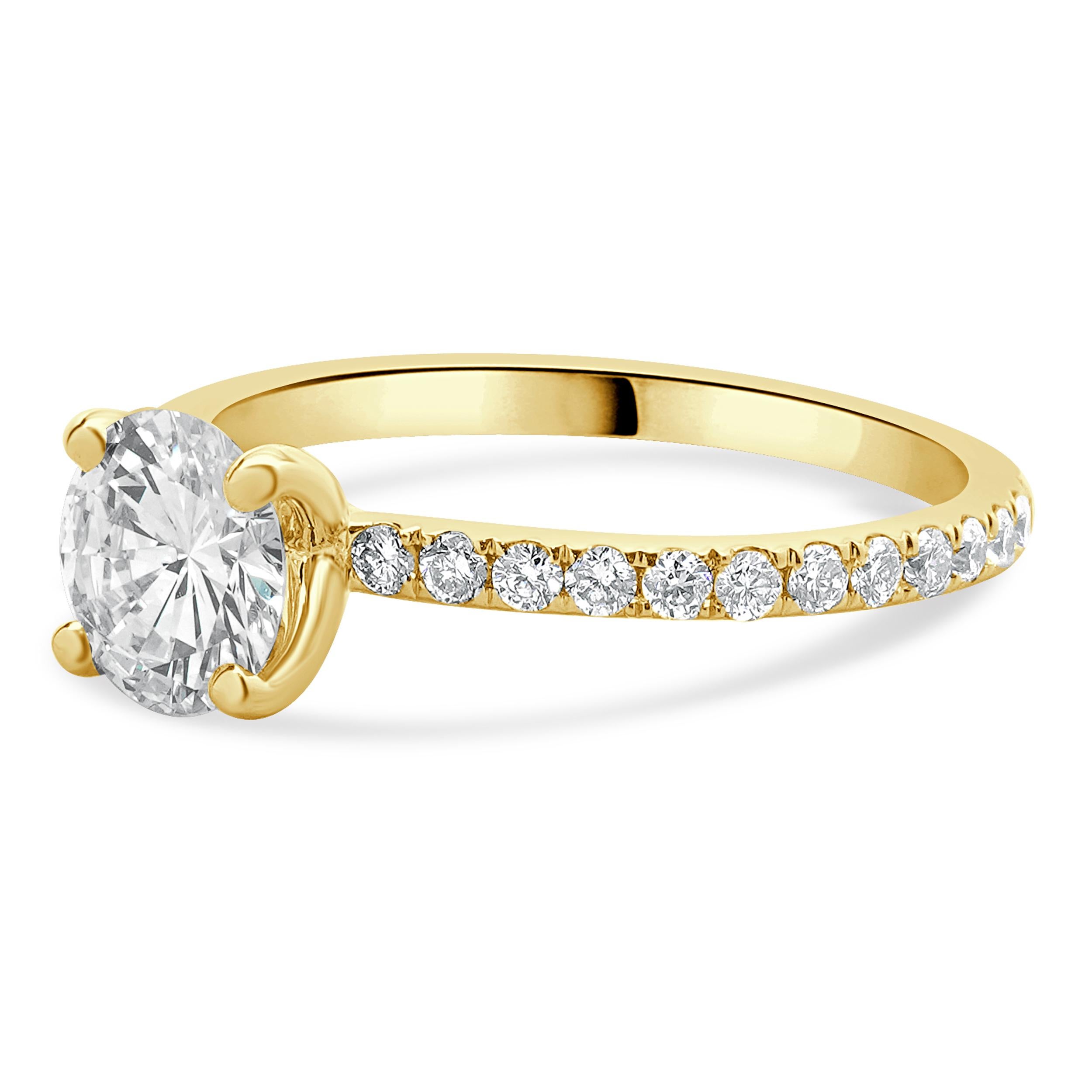 Designer: custom
Material: 14K yellow gold
Center Diamond: 1 round brilliant cut = 1.01ct
Color : L
Clarity : SI1
Diamond: 26 round brilliant cut = 0.78cttw
Color : G
Clarity : SI1
Dimensions: ring top measures 6.90mm
Size: 6.5 complimentary sizing