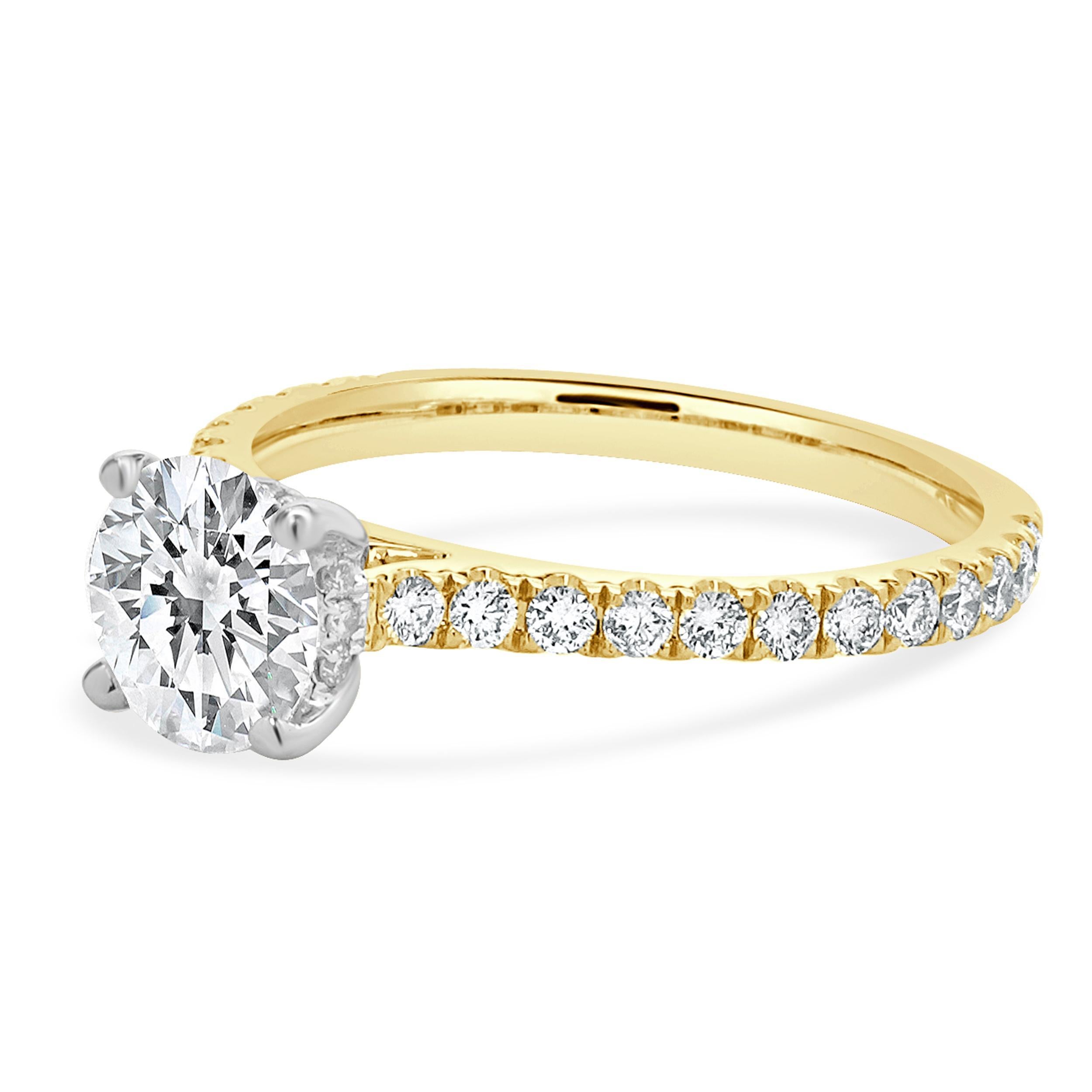 Designer: custom design
Material: 14K yellow gold
Center Diamond: 1 round brilliant cut = 1.18ct
Color : I
Clarity : SI1
GIA: 2239289440
Diamond: 36 round brilliant cut = 0.84cttw
Color : G
Clarity : VS1-2
Size: 6.75 complimentary sizing available