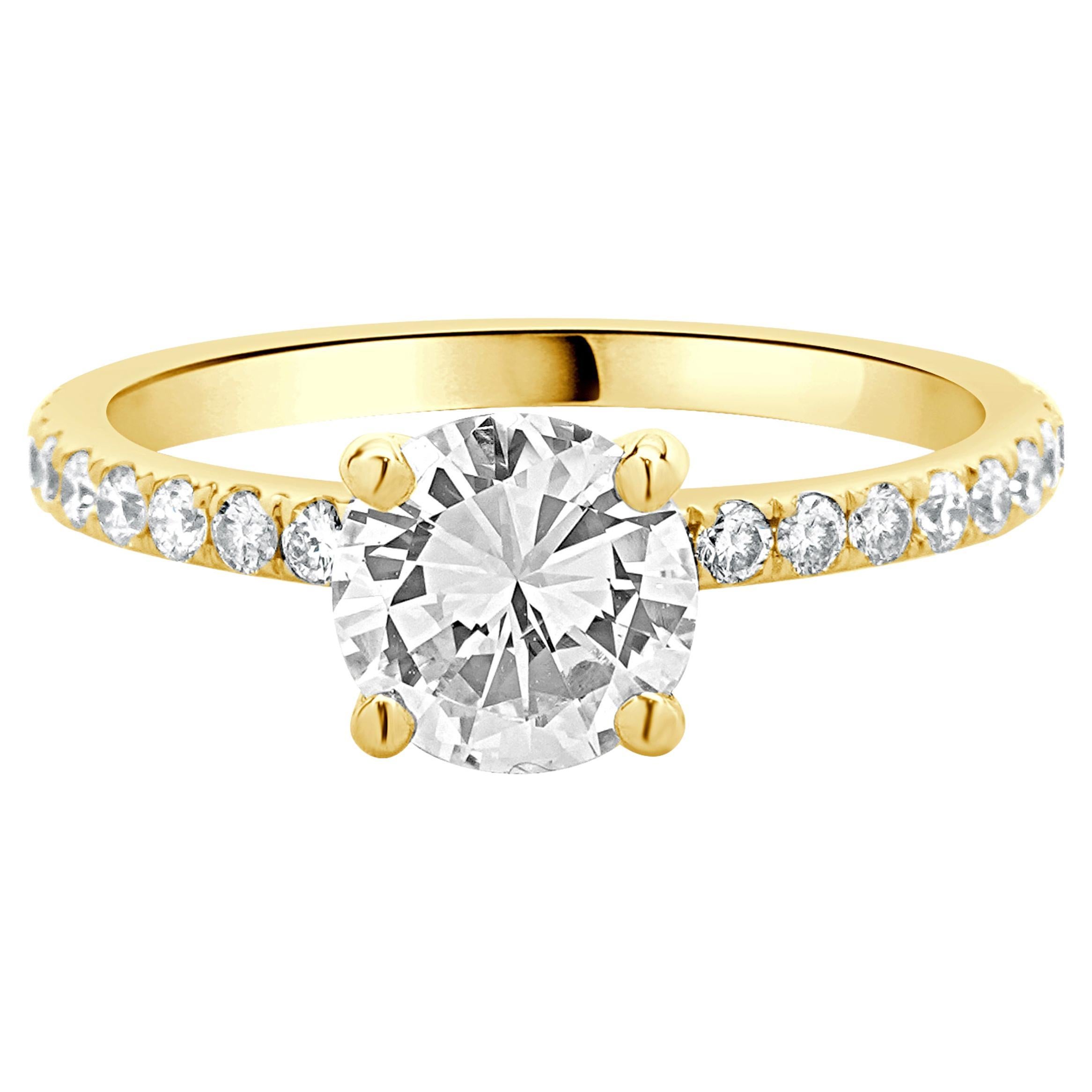 14 Karat Yellow Gold Round Brilliant Cut Diamond Engagement Ring For Sale
