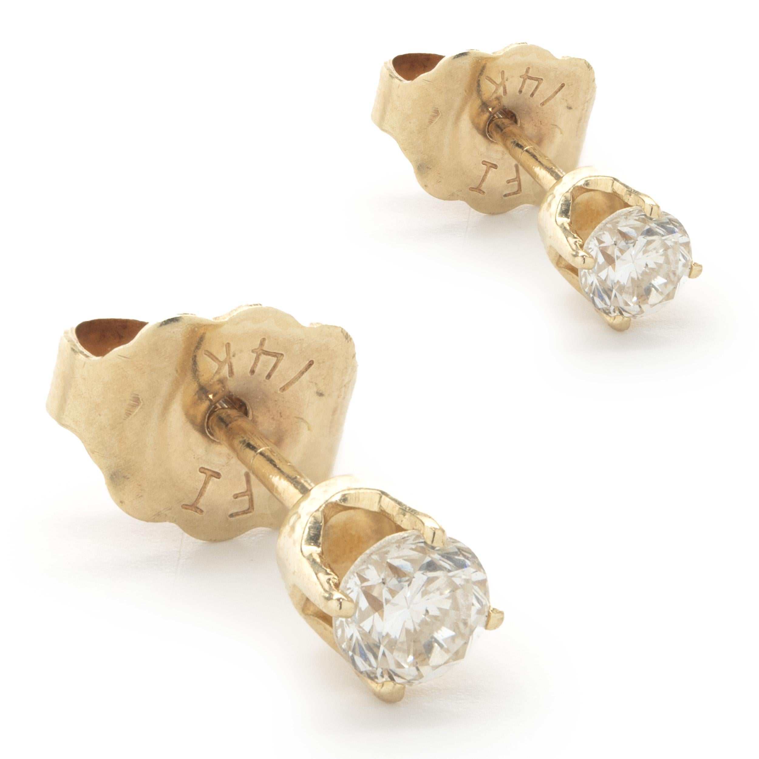 Material: 14k Yellow Gold
Diamond: 2 round brilliant cut = 0.30cttw
Color: G
Clarity: SI1
Dimensions: earrings measure approximately 3.30mm in diameter
Fastenings: post with friction backs
Weight: 0.82 grams

