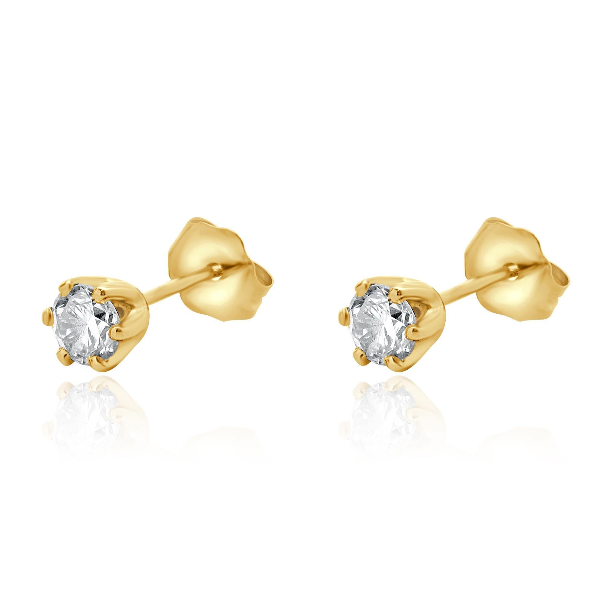 Matériau : Or jaune 14K
Diamants : 2 diamants ronds de taille brillant = 0,30cttw
Couleur : G
Clarté : SI2
Dimensions : les boucles d'oreilles mesurent environ 3.4 mm de diamètre.
Fermetures : dos à friction
Poids : 0,66 grammes