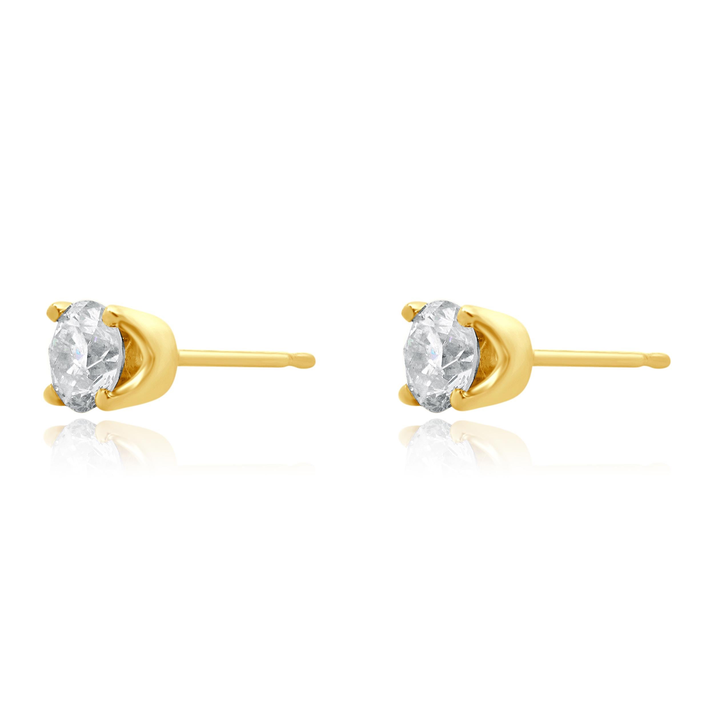 Material: 14K yellow gold
Diamonds: 2 round brilliant cut = 0.50cttw
Color: H/I
Clarity: I2
Dimensions: earrings measure approximately 4.6mm
Fastenings: friction backs
Weight: 0.74 grams
