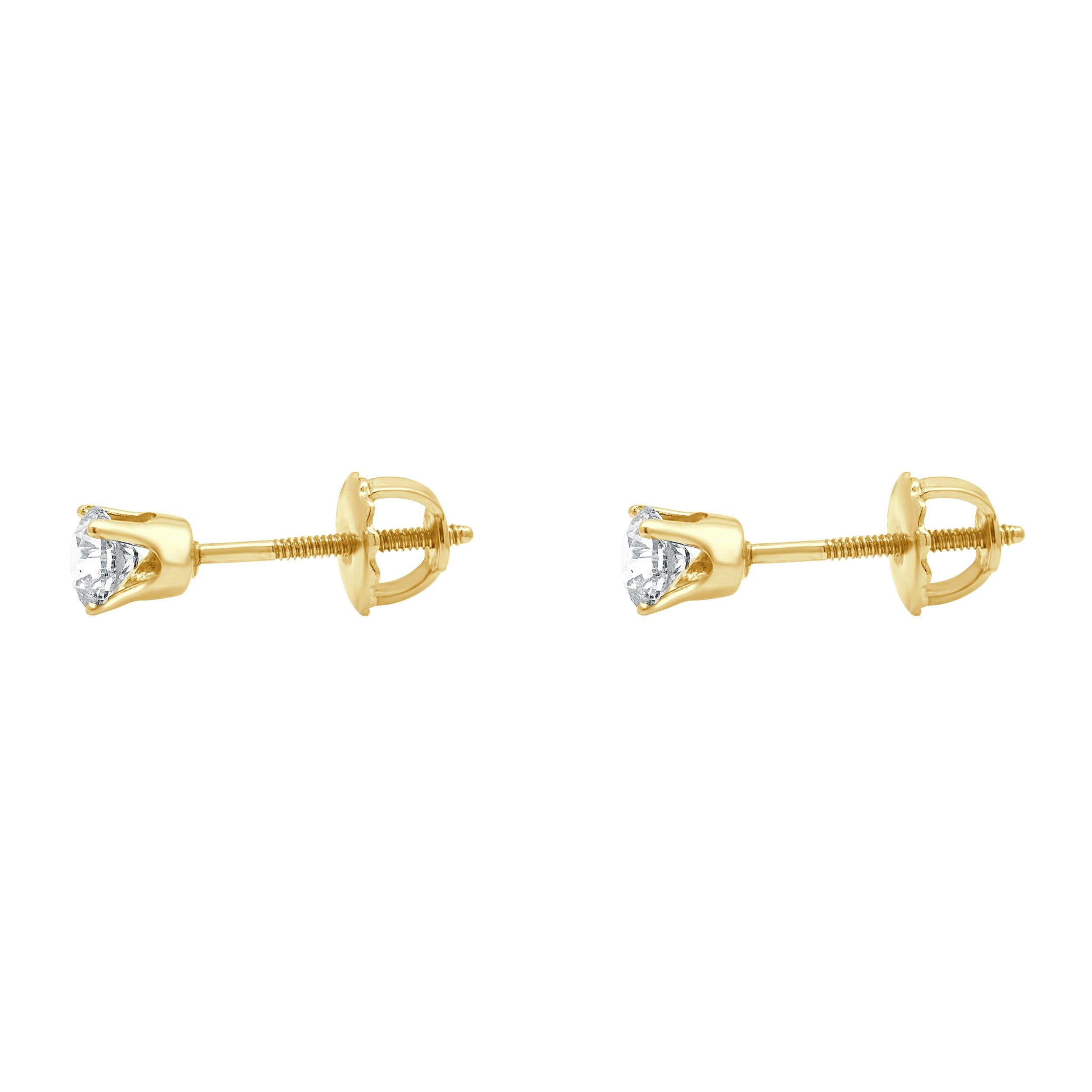 Matériau : Or jaune 14K
Diamant : 2 diamants ronds de taille brillant = 0,65cttw
Couleur : K.
Clarté : I1
Fixations : dos vissés
Poids : 0,99 grammes
