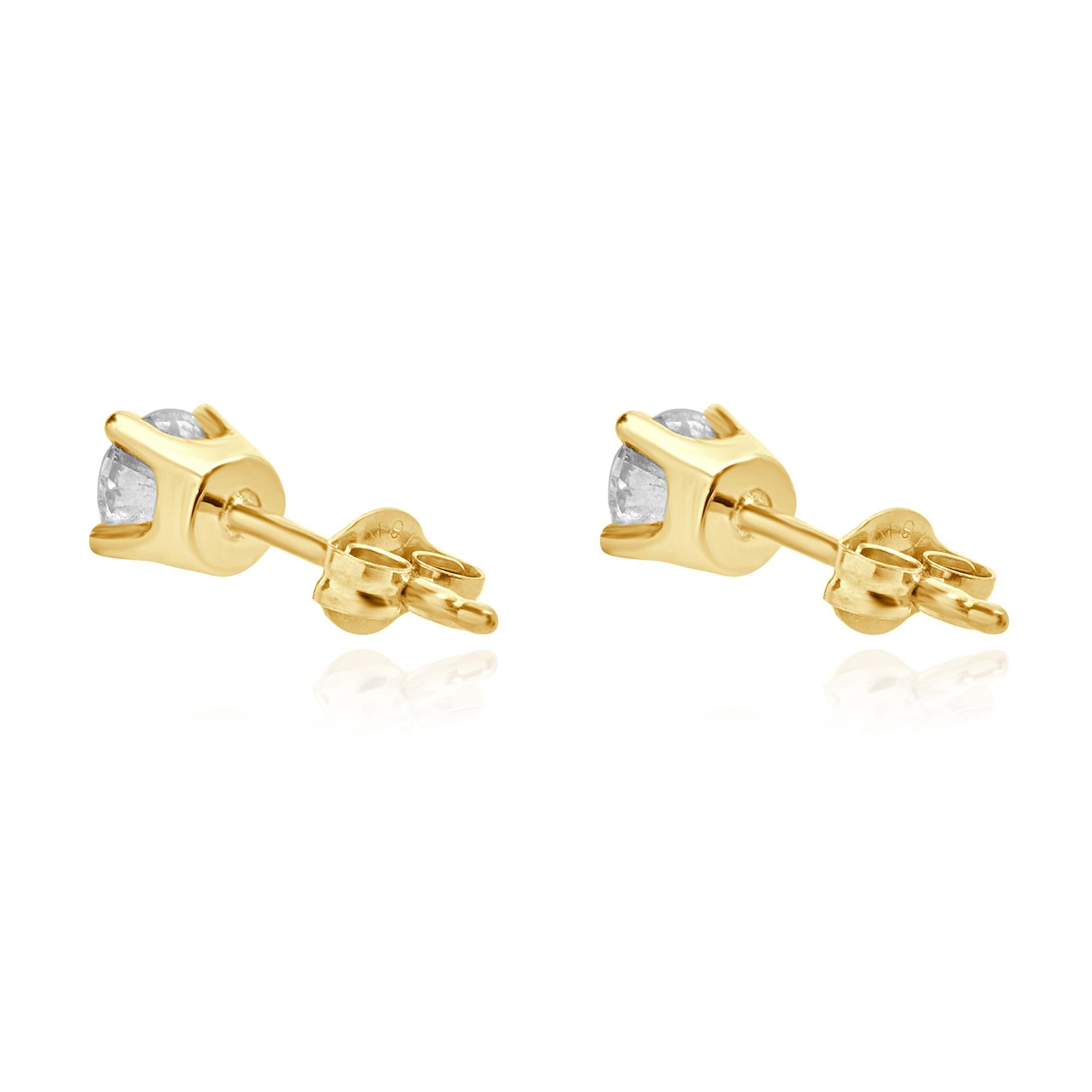 Taille ronde Clous d'oreilles en or jaune 14 carats avec diamants taille brillant rond en vente
