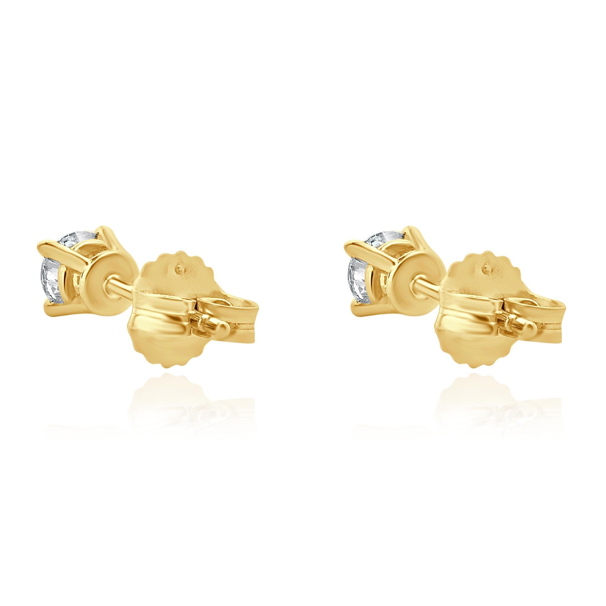 Taille ronde Clous d'oreilles en or jaune 14 carats avec diamants taille brillant rond en vente