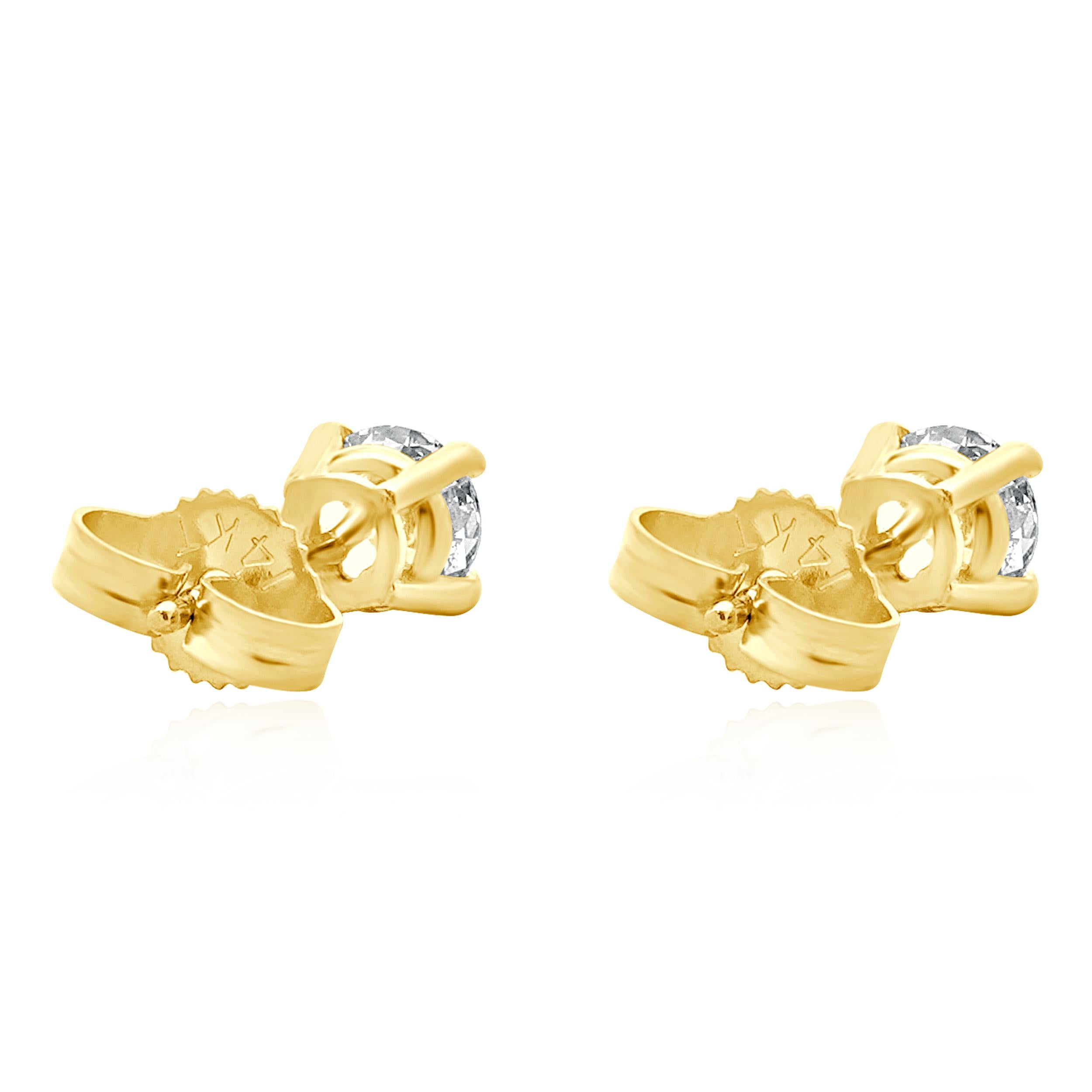 Taille ronde Clous d'oreilles en or jaune 14 carats avec diamants taille brillant rond en vente