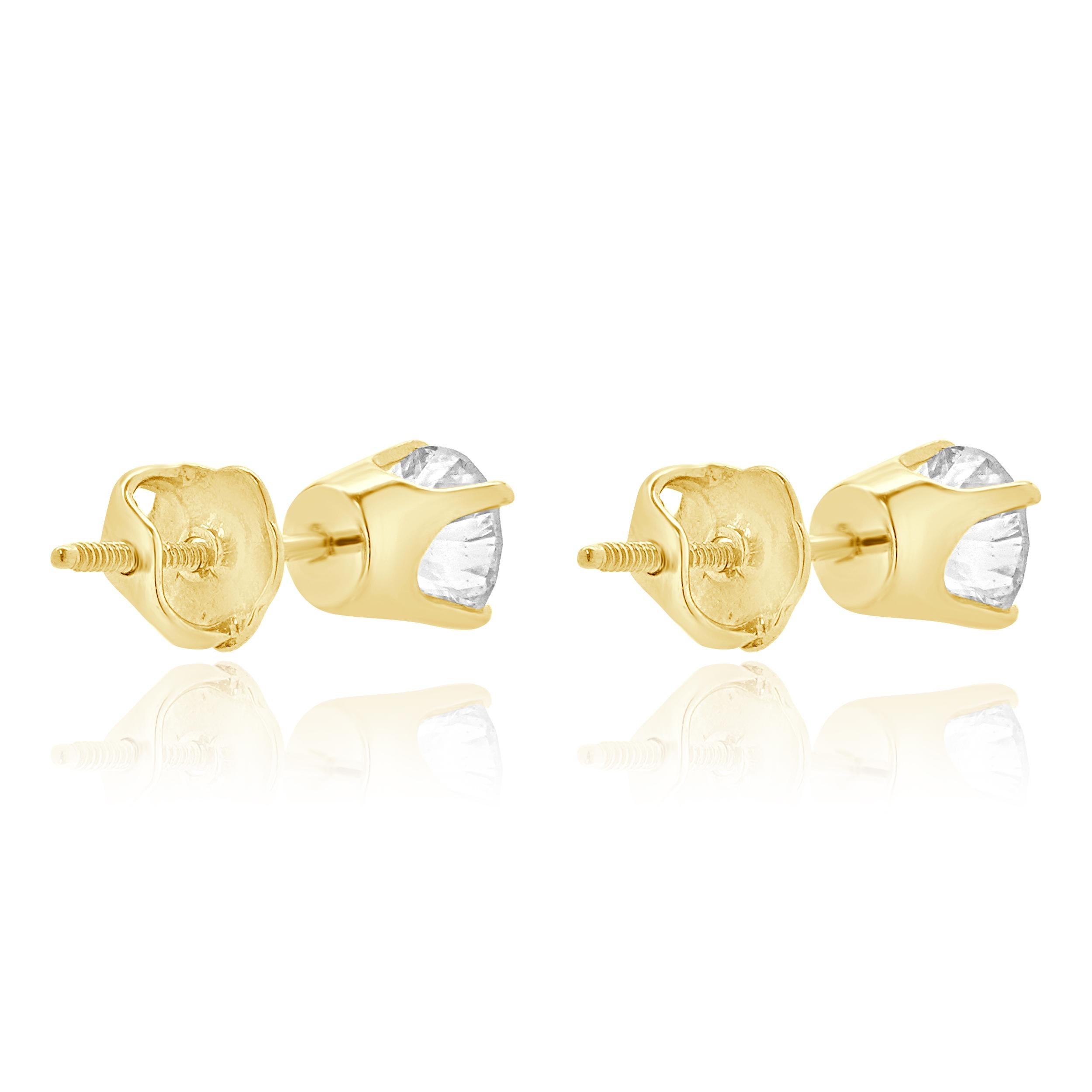 Taille ronde Clous d'oreilles en or jaune 14 carats avec diamants taille brillant rond en vente