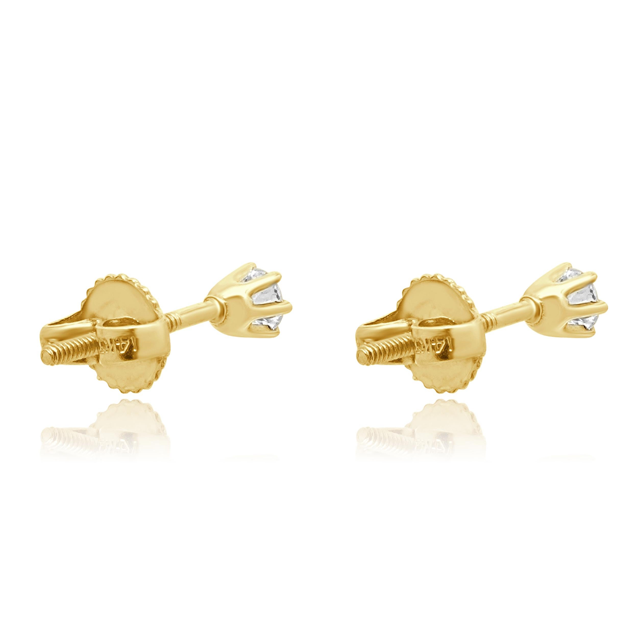 Taille brillant Clous d'oreilles en or jaune 14 carats avec diamants taille brillant rond en vente