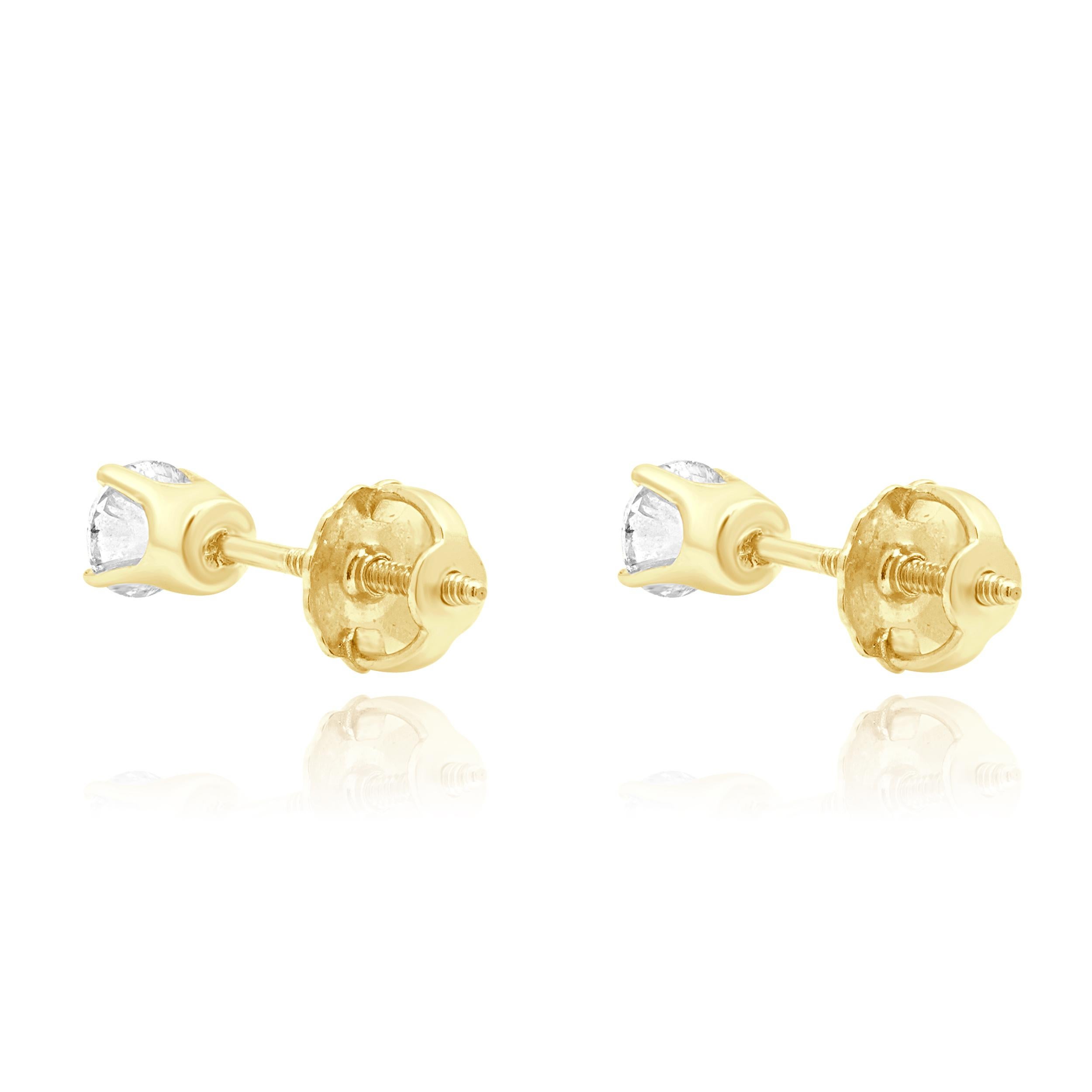 Taille ronde Clous d'oreilles en or jaune 14 carats avec diamants taille brillant rond en vente