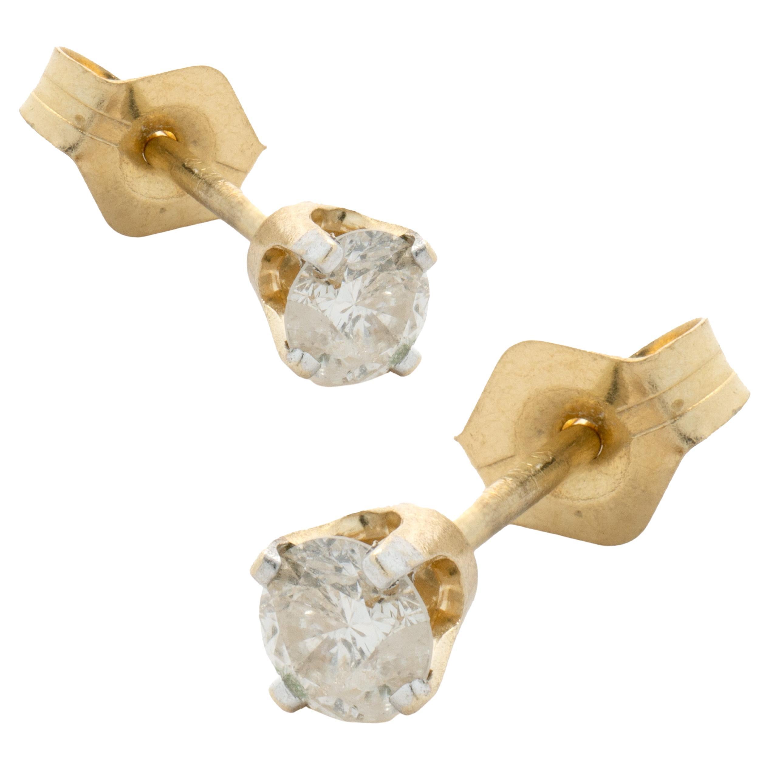 14 Karat Yellow Gold Round Brilliant Cut Diamond Stud Earrings For Sale