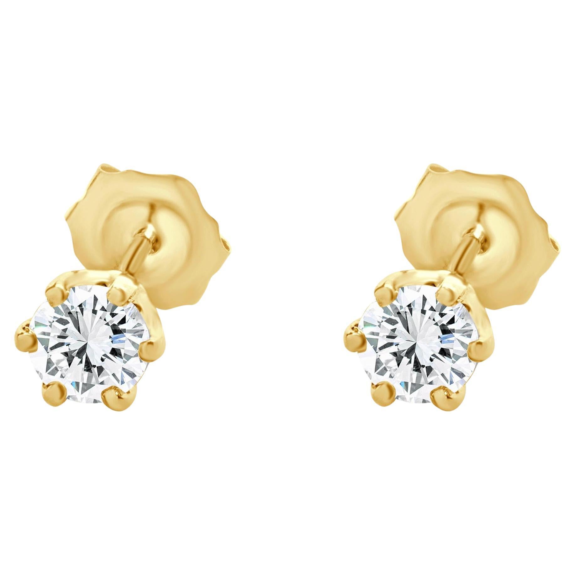 Clous d'oreilles en or jaune 14 carats avec diamants taille brillant rond