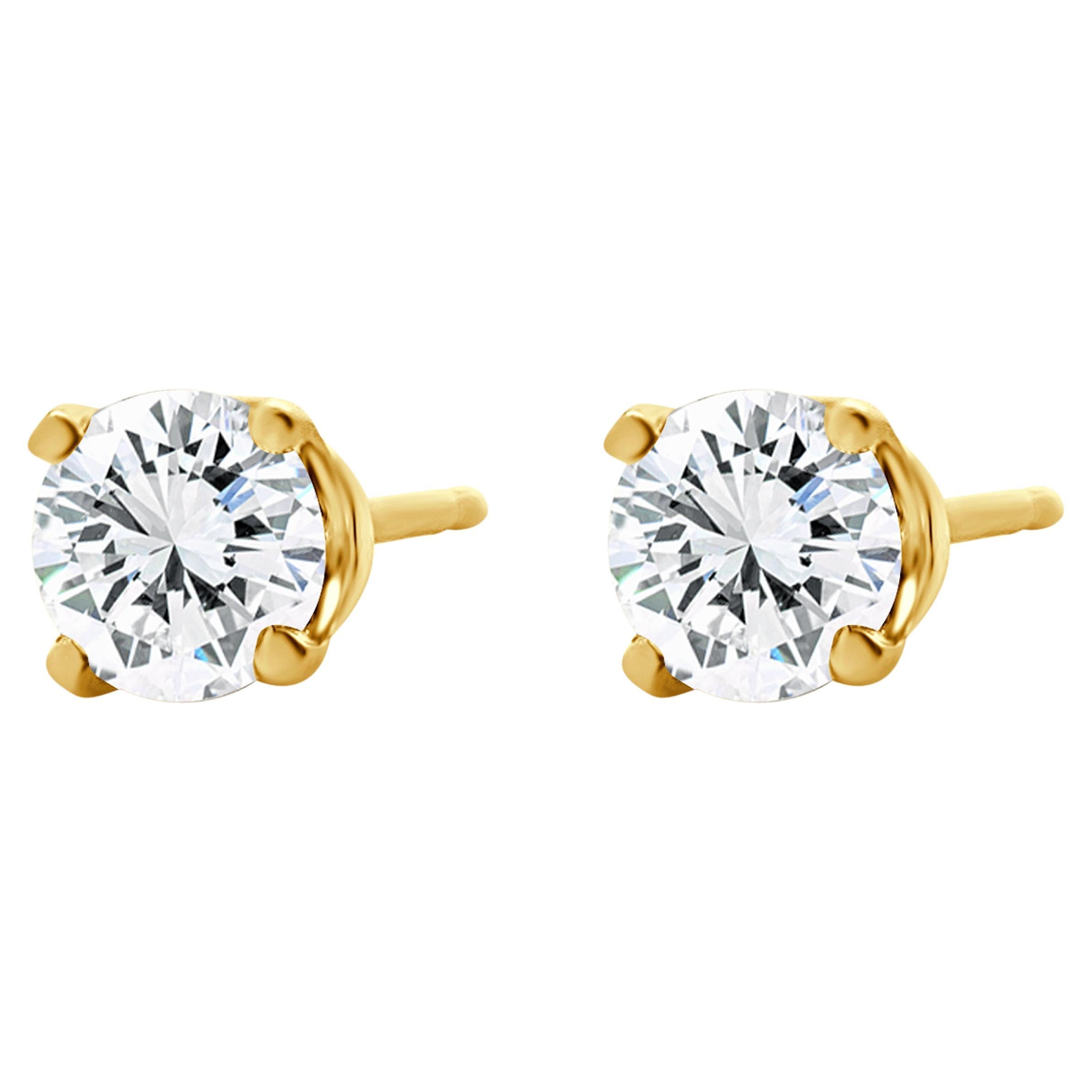 14 Karat Yellow Gold Round Brilliant Cut Diamond Stud Earrings For Sale
