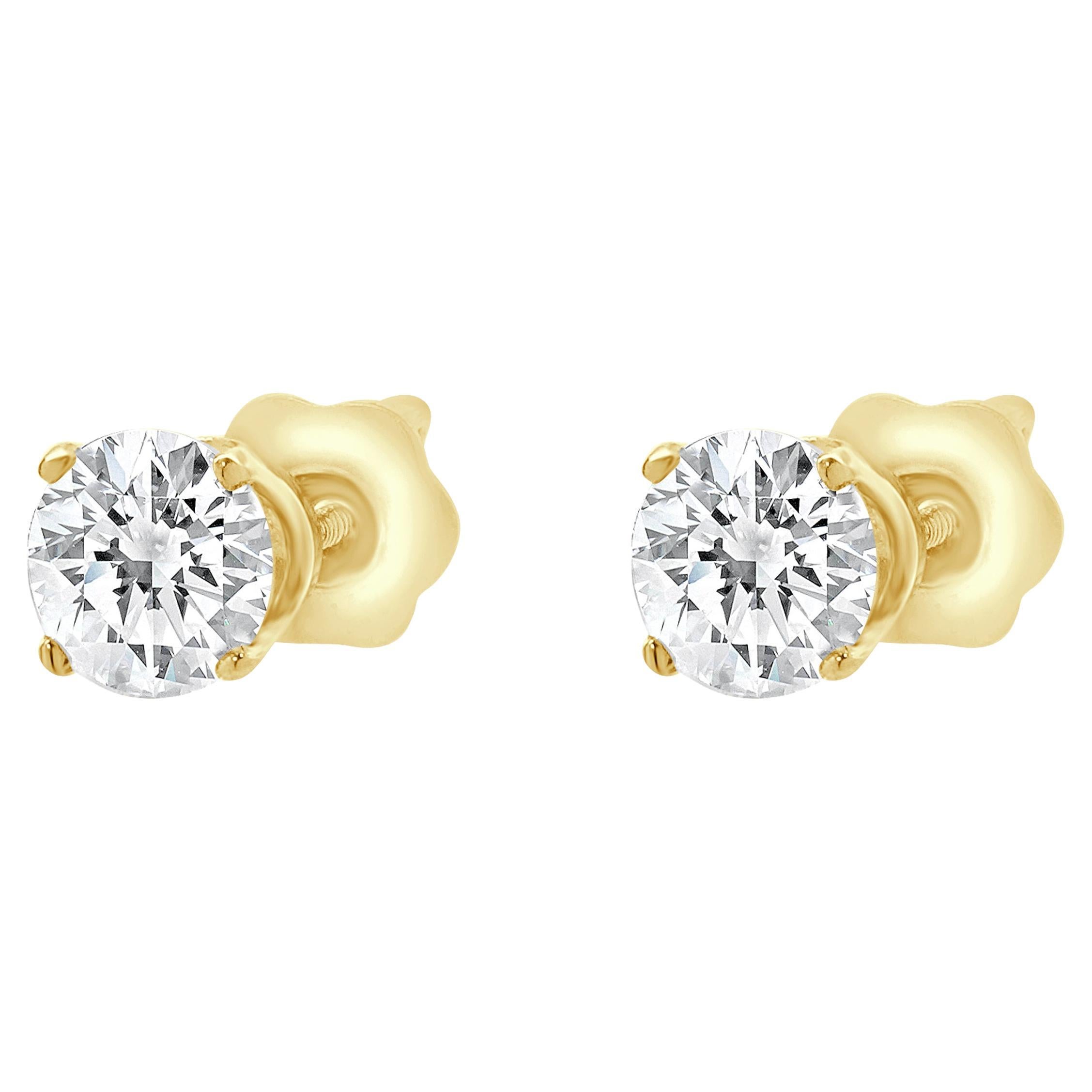 14 Karat Yellow Gold Round Brilliant Cut Diamond Stud Earrings