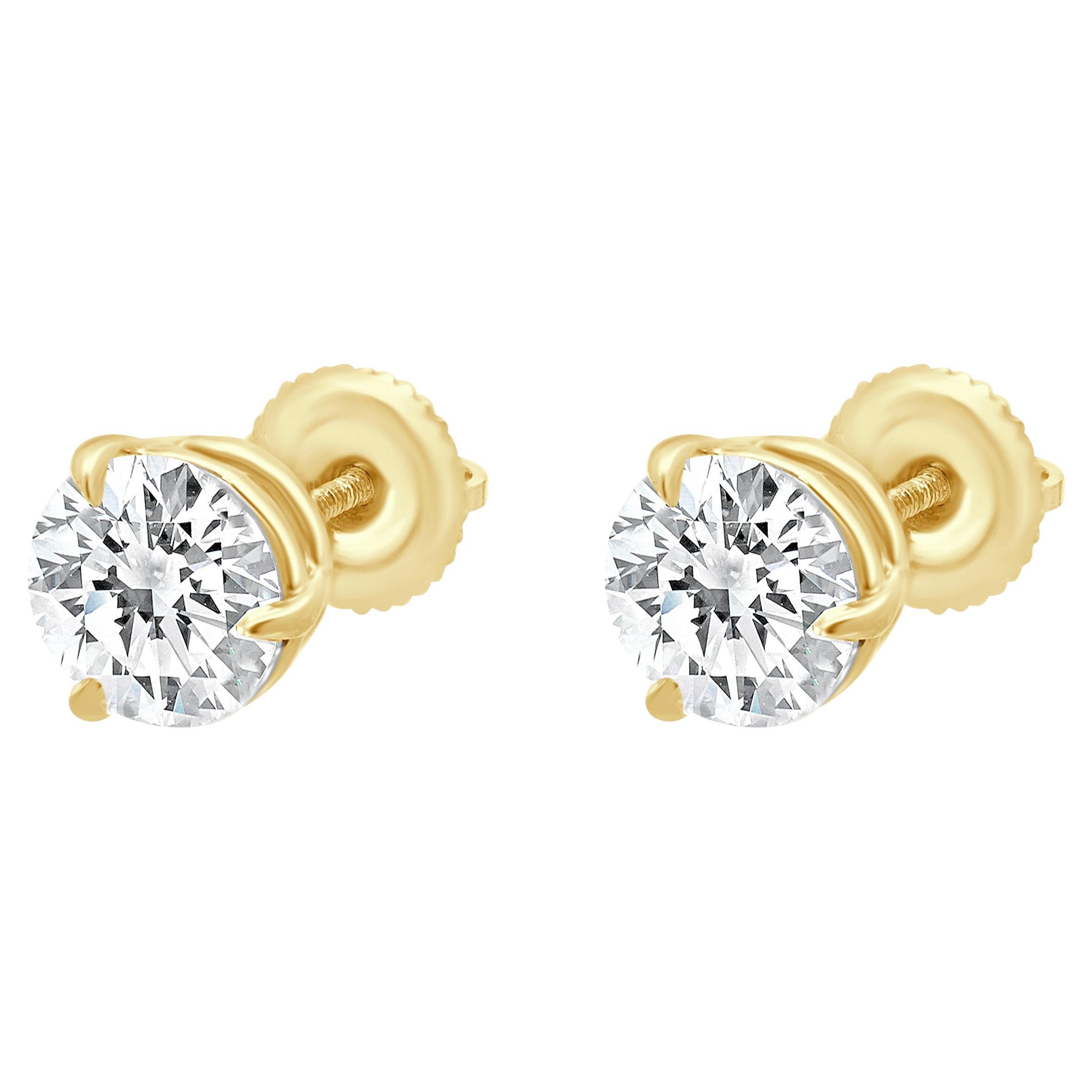 Clous d'oreilles en or jaune 14 carats avec diamants taille brillant rond