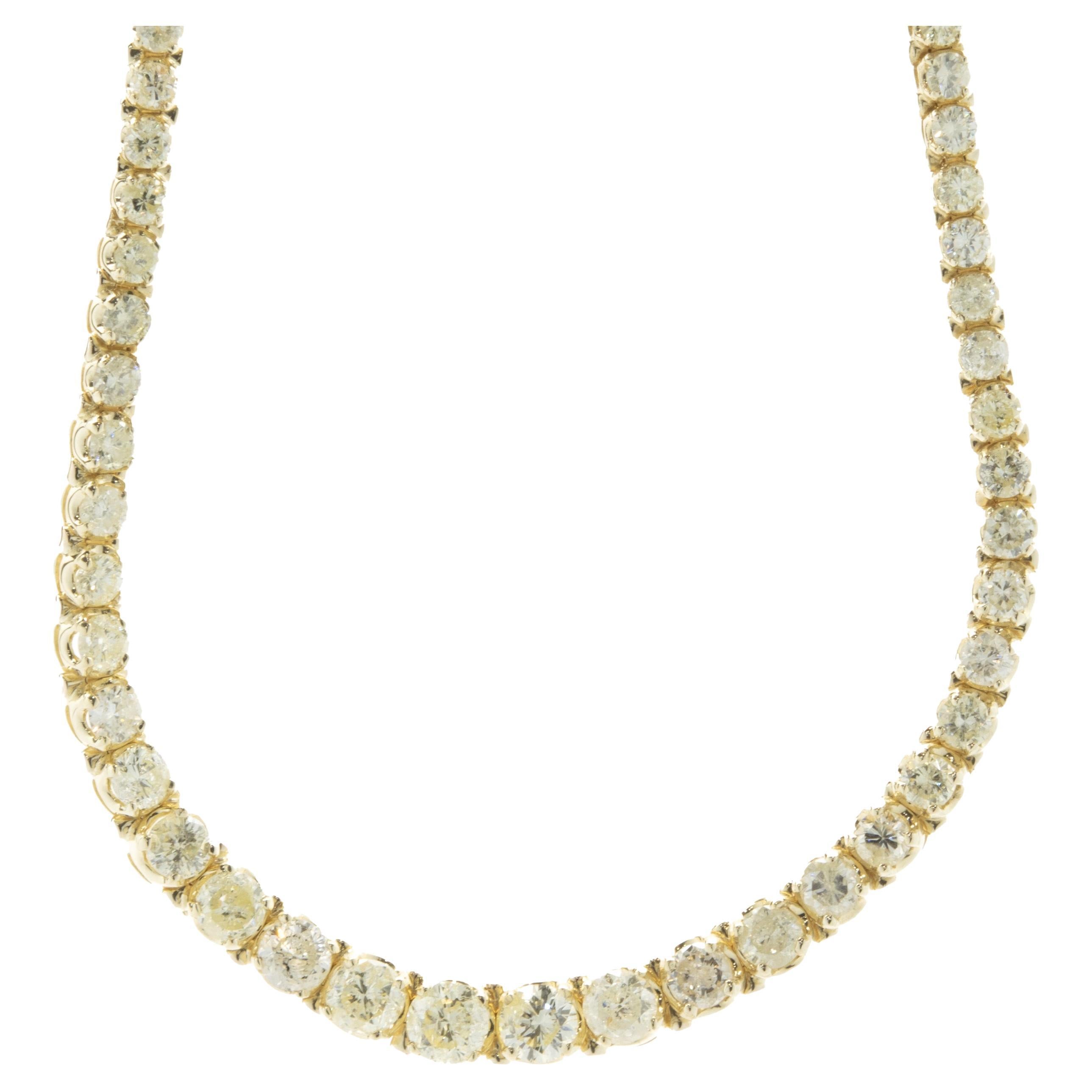14 Karat Yellow Gold Round Brilliant Cut Diamond Tennis Necklace For Sale