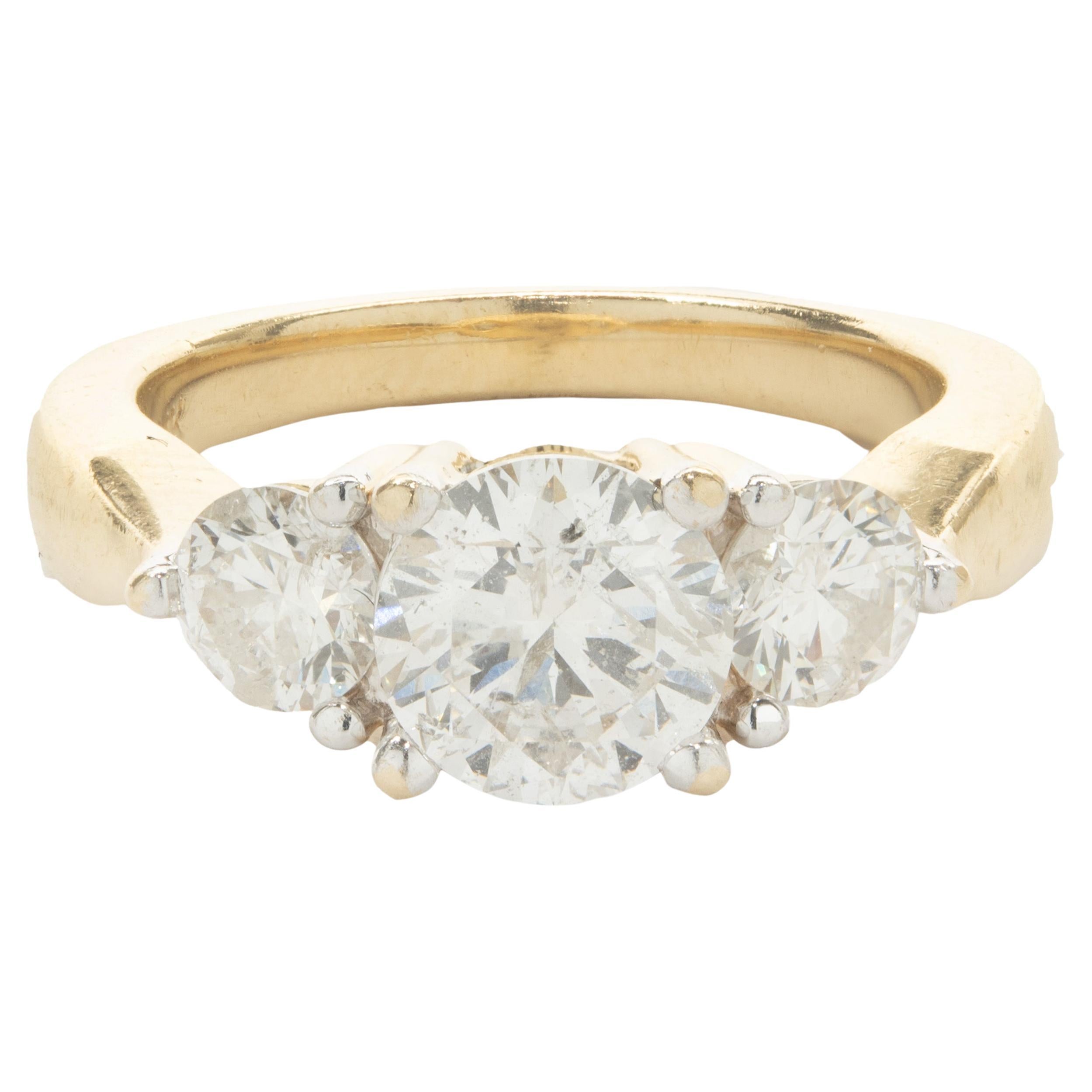 14 Karat Yellow Gold Round Brilliant Cut Diamond Three Stone Engagement Ring
