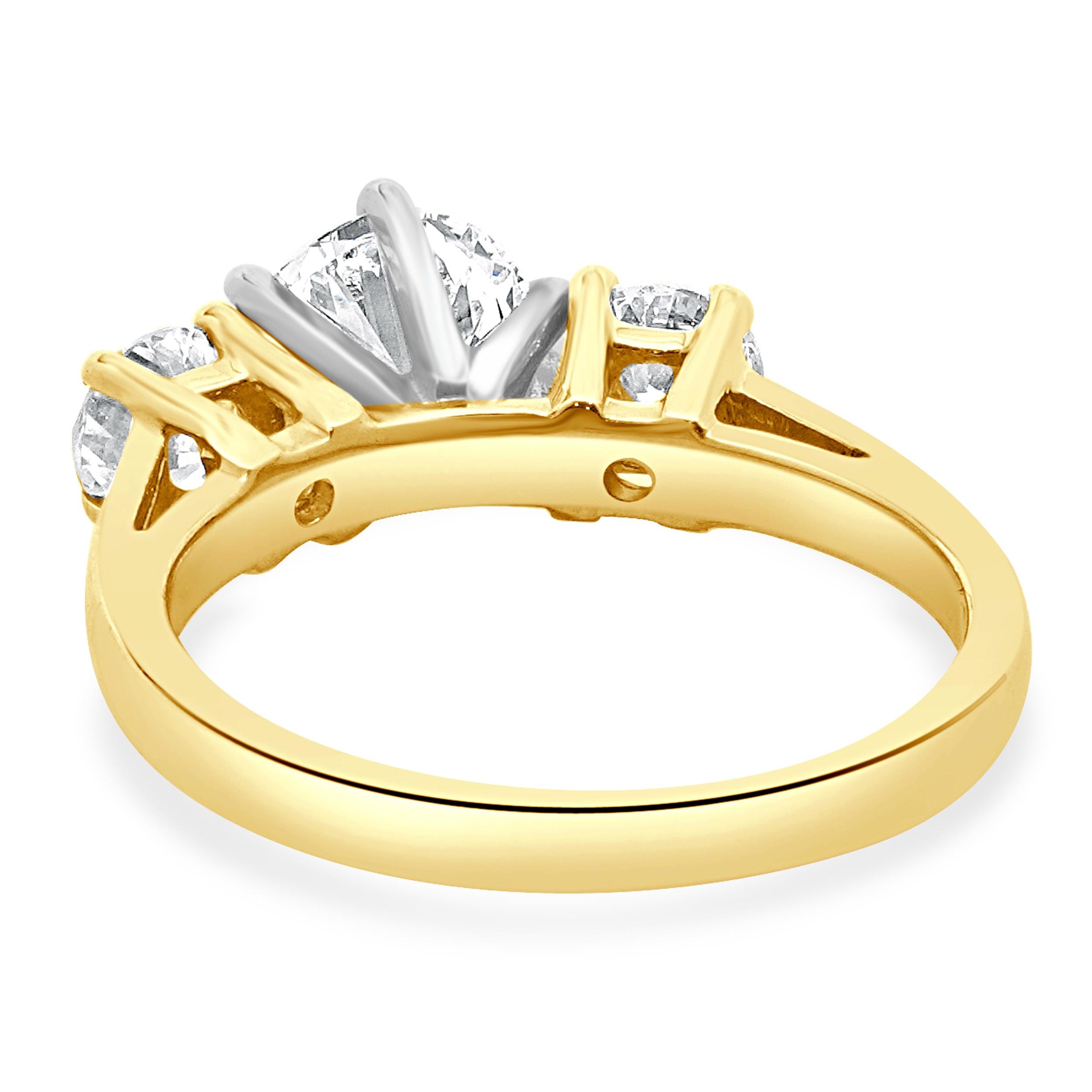 Round Cut 14 Karat Yellow Gold Round Brilliant Cut Three Diamond Engagement Ring For Sale