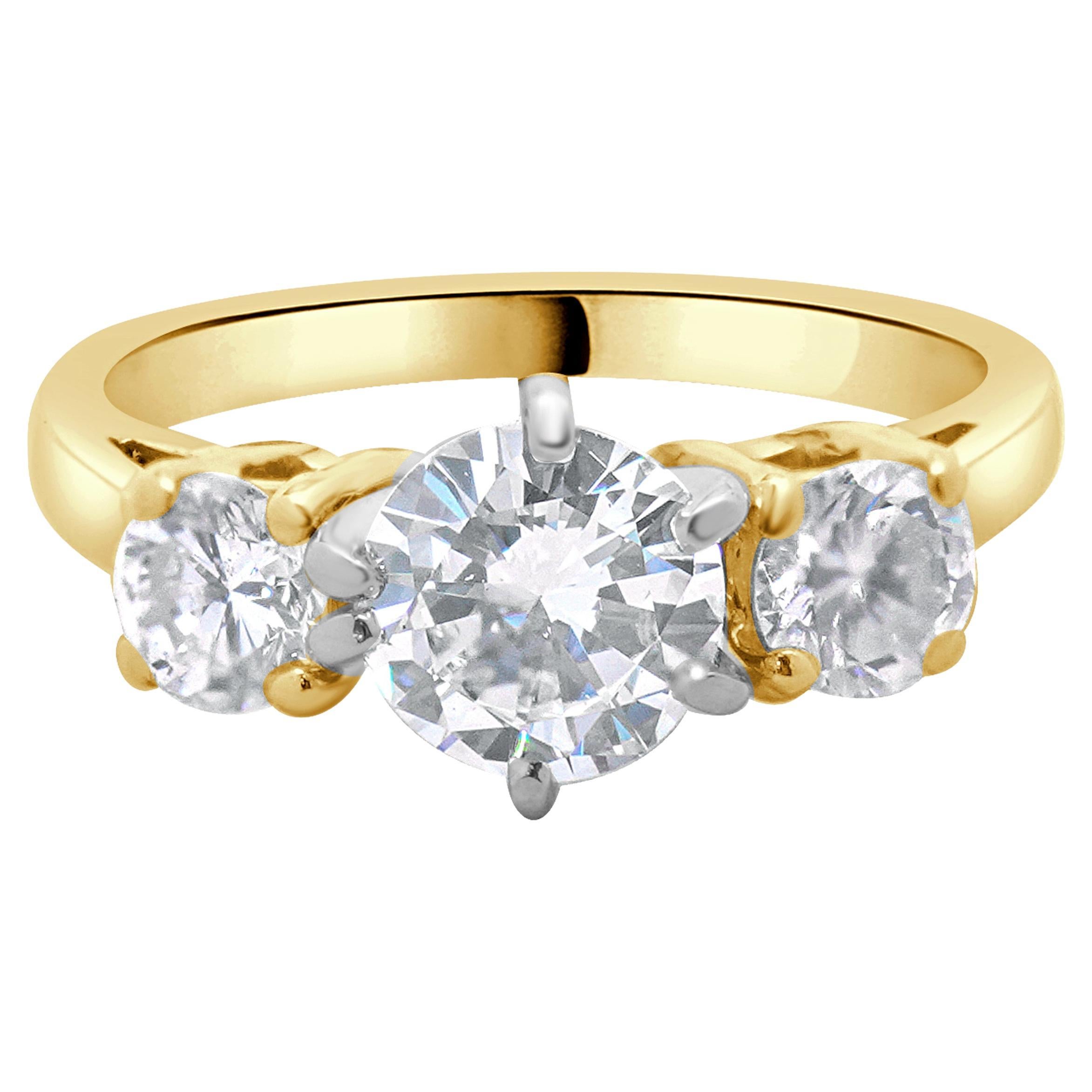 14 Karat Yellow Gold Round Brilliant Cut Three Diamond Engagement Ring For Sale