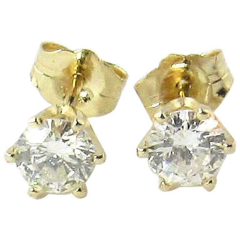 14 Karat Yellow Gold Round Brilliant Diamond Stud Earrings .60 Carat