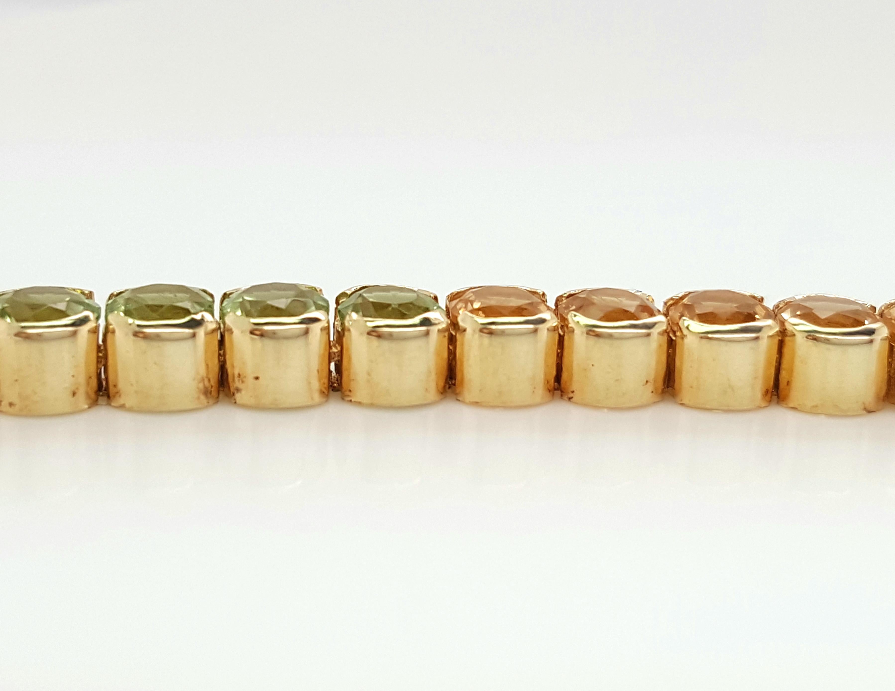 Rough Cut 14 Karat Yellow Gold Round Cut Topaz Garnet Citrine Amethyst Peridot Bracelet For Sale