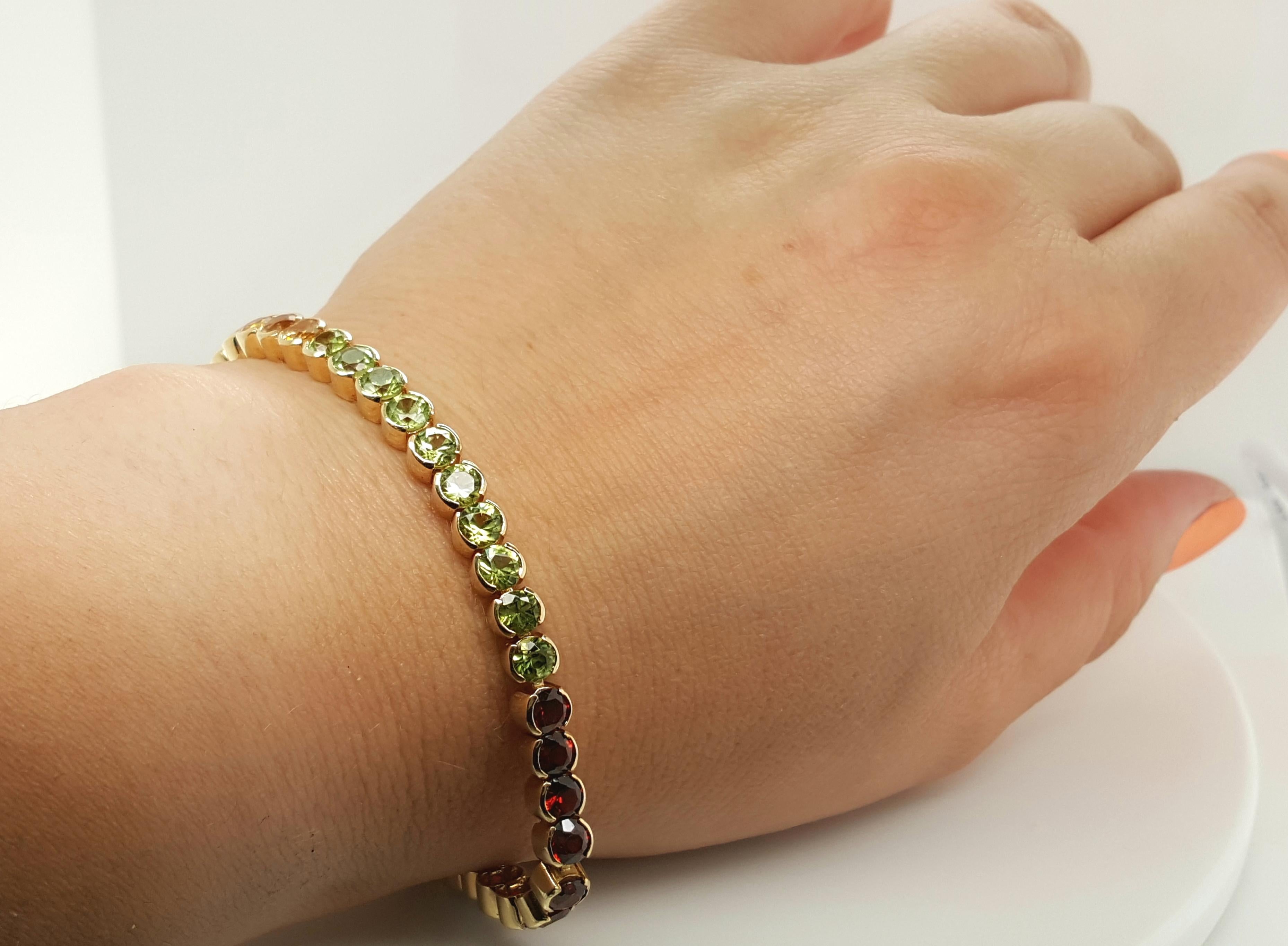 Women's or Men's 14 Karat Yellow Gold Round Cut Topaz Garnet Citrine Amethyst Peridot Bracelet For Sale