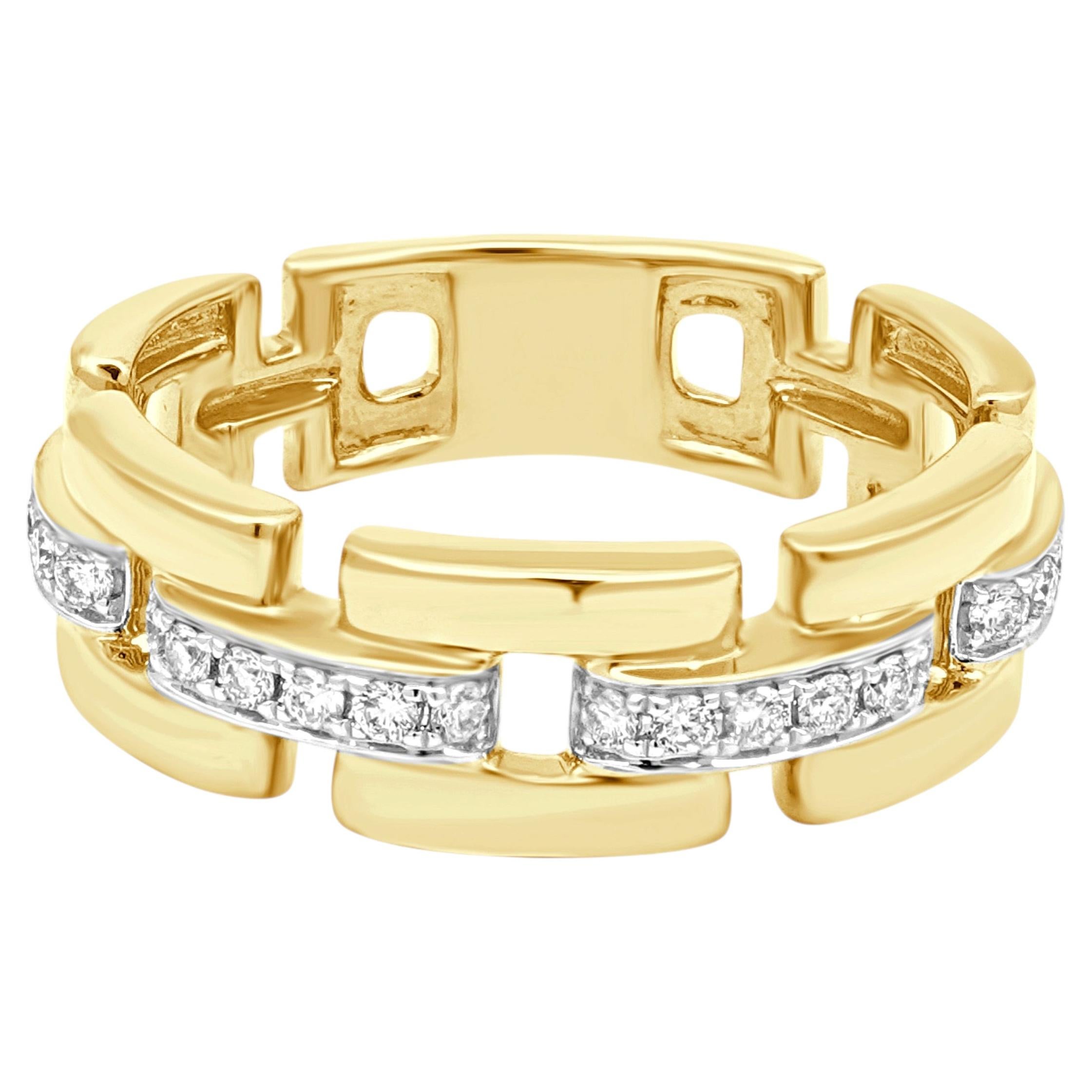 14 Karat Yellow Gold Round Diamond Geometric Chain Link Ring