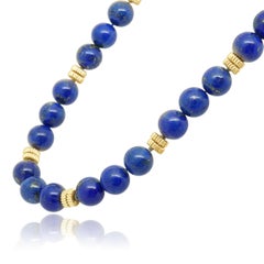14 Karat Yellow Gold Round Dyed Lapis Bead Necklace with Fluted Spacers 36.5"