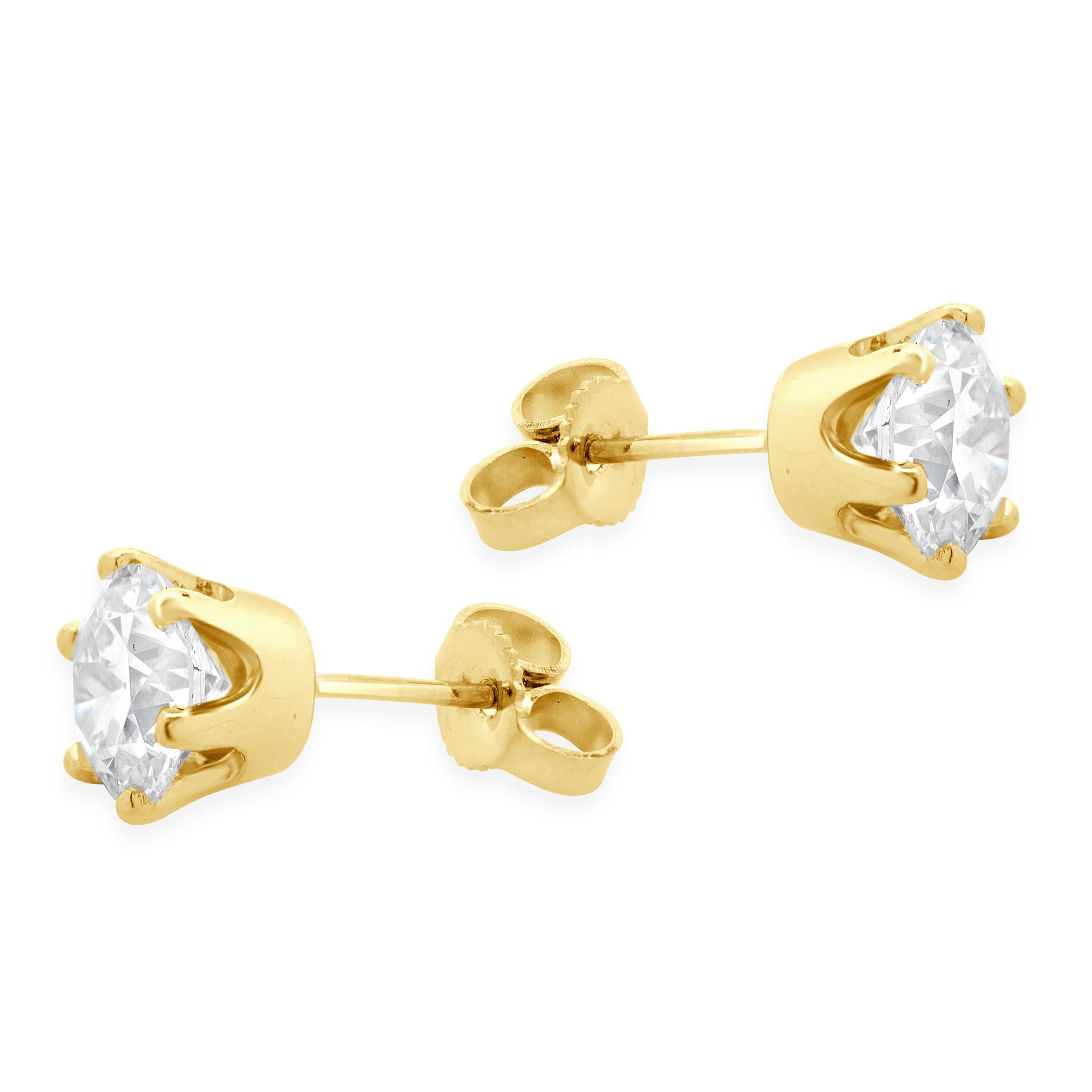 Material: 14K yellow gold
Diamonds: 2 round European cut = 2.00cttw
Color: G 
Clarity: VS2-SI1
Dimensions: earrings measure approximately 7.60mm in diameter
Fastenings: friction backs
Weight: 1.78 grams

