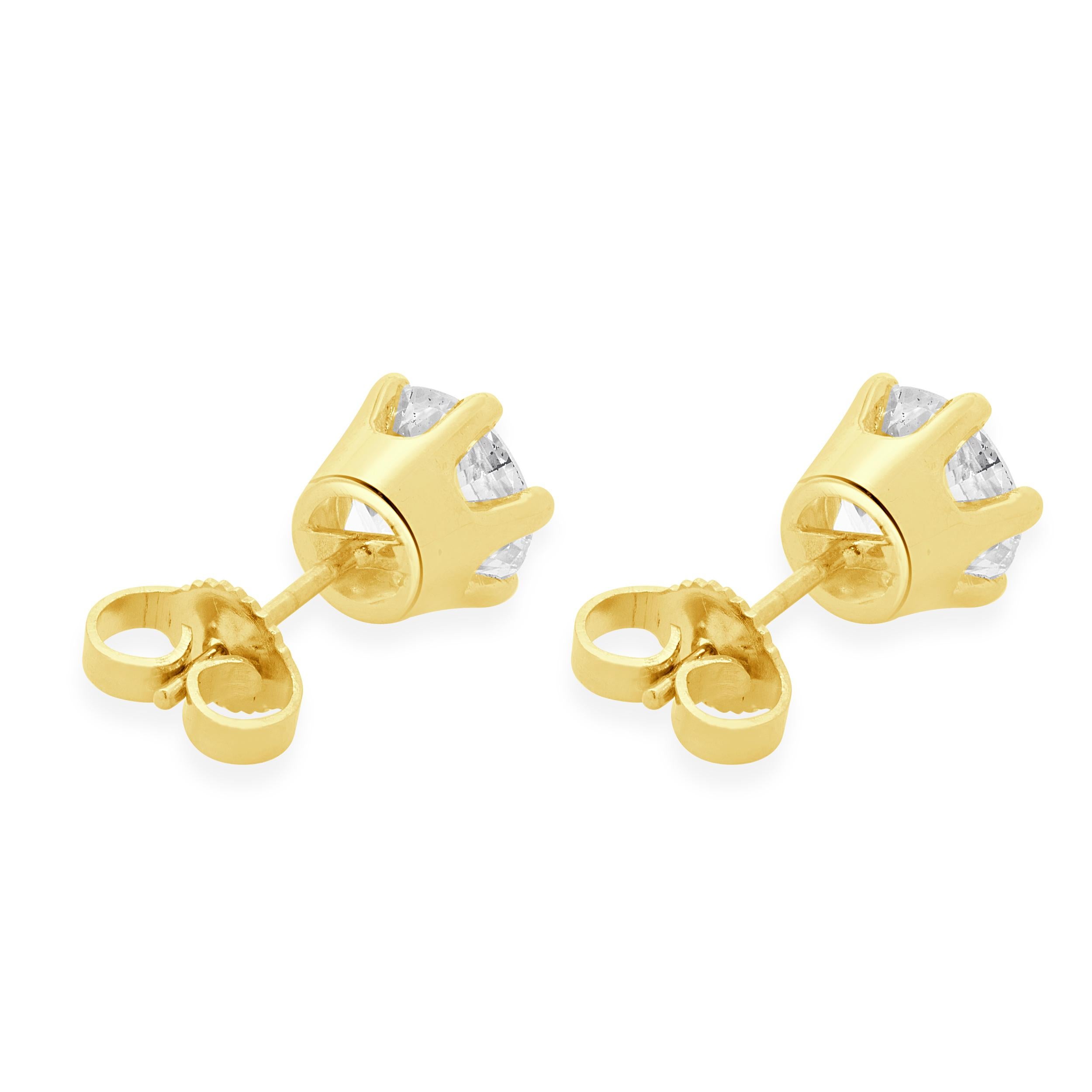 Round Cut 14 Karat Yellow Gold Round European Cut Stud Earrings For Sale