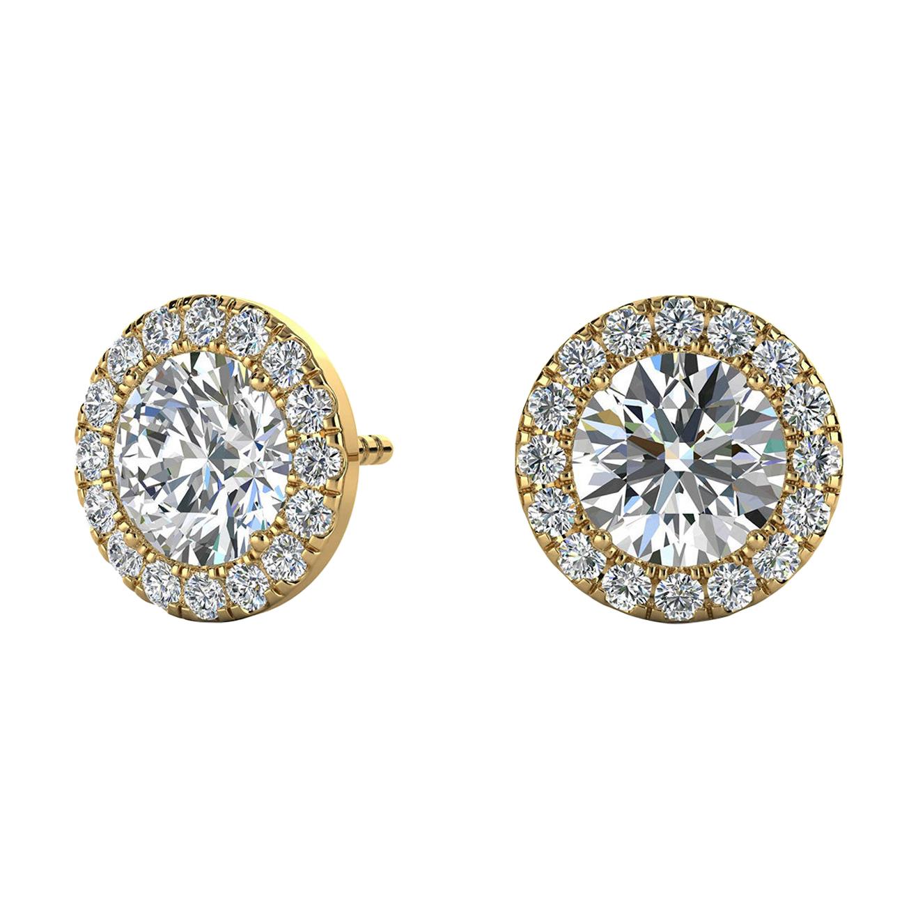 14 Karat Yellow Gold Round Halo Diamond Earrings '1 2/5 Carat' For Sale