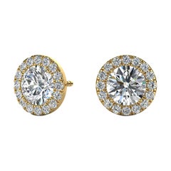 Boucles d'oreilles en or jaune 14 carats avec halo de diamants ronds de 1 2/5 carat