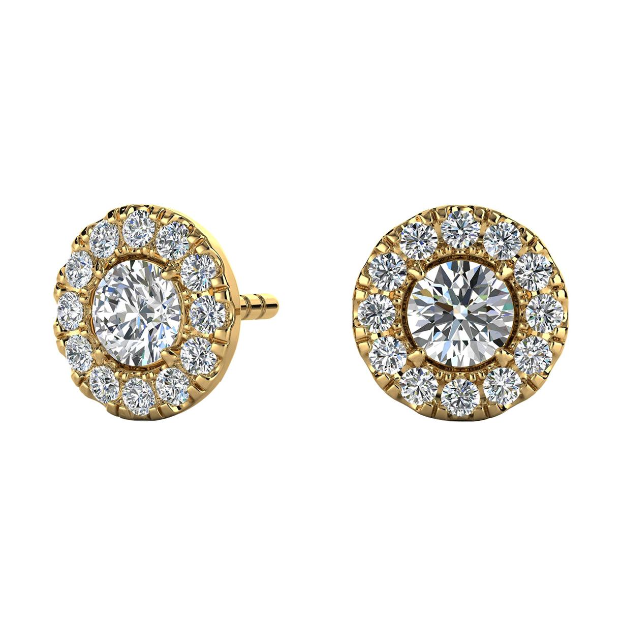 14 Karat Yellow Gold Round Halo Diamond Earrings '1/2 Carat' For Sale