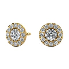 Boucles d'oreilles en or jaune 14 carats avec halo de diamants ronds de 1/2 carat