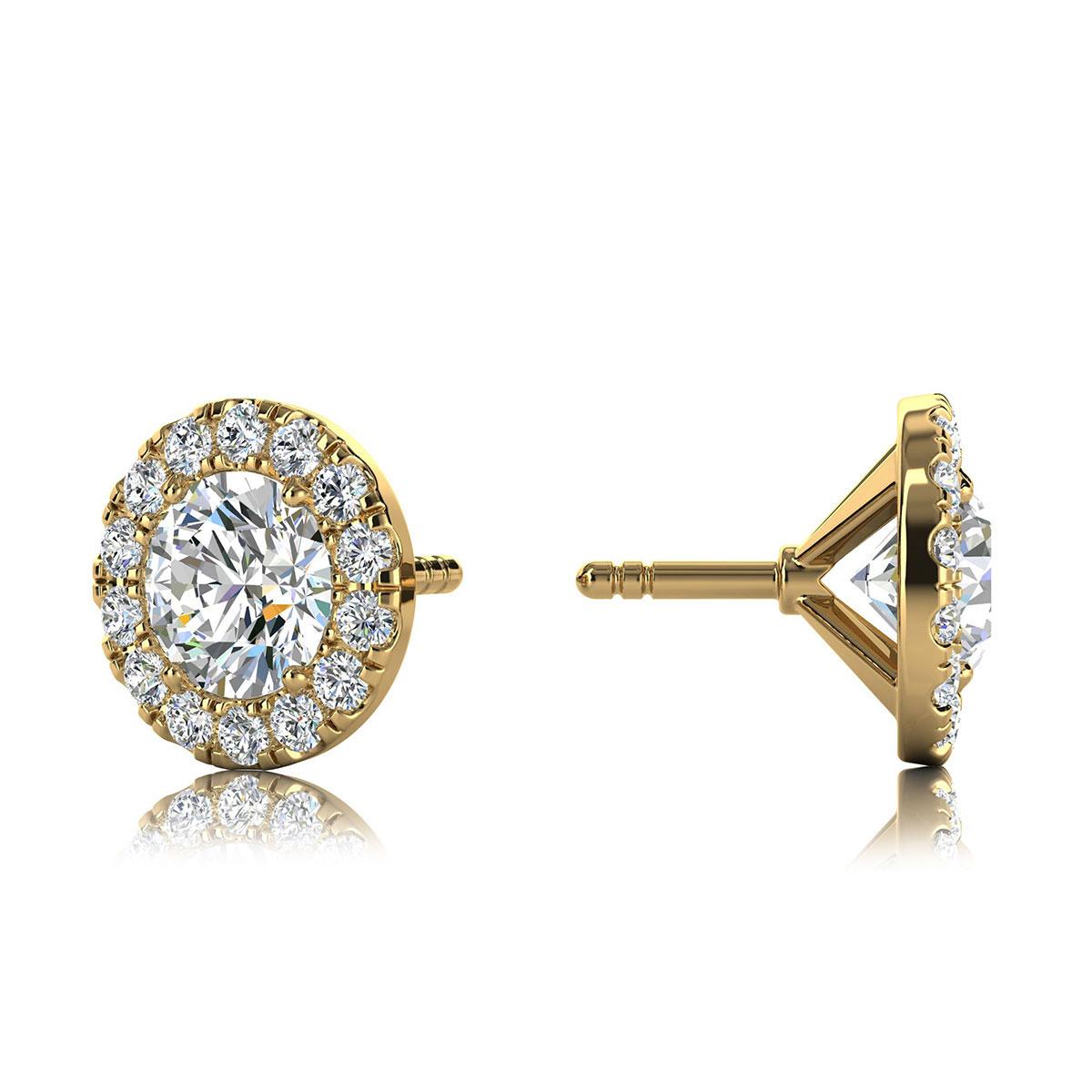 14 Karat Gelbgold Runde Halo Diamant-Ohrringe '1 Karat' (Rundschliff) im Angebot