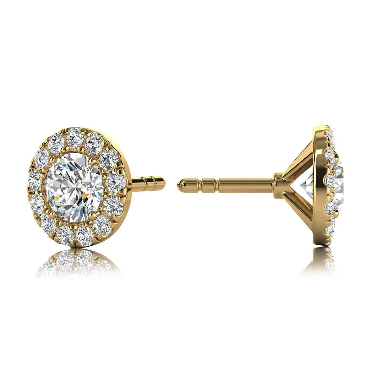 Round Cut 14 Karat Yellow Gold Round Halo Diamond Earrings '3/4 Carat' For Sale