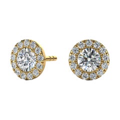 Boucles d'oreilles en or jaune 14 carats avec halo de diamants ronds de 3/4 carats