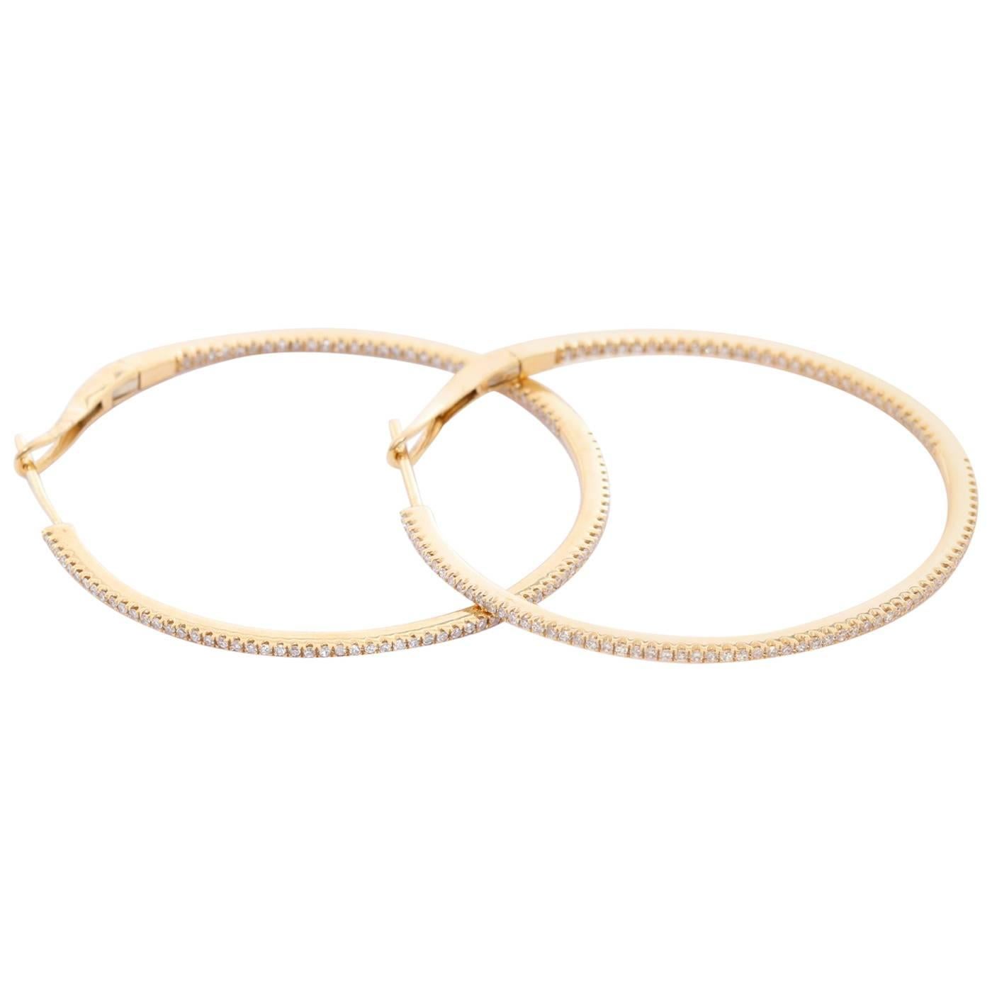 Round Cut 14 Karat Yellow Gold Round Inside Out Hoops For Sale