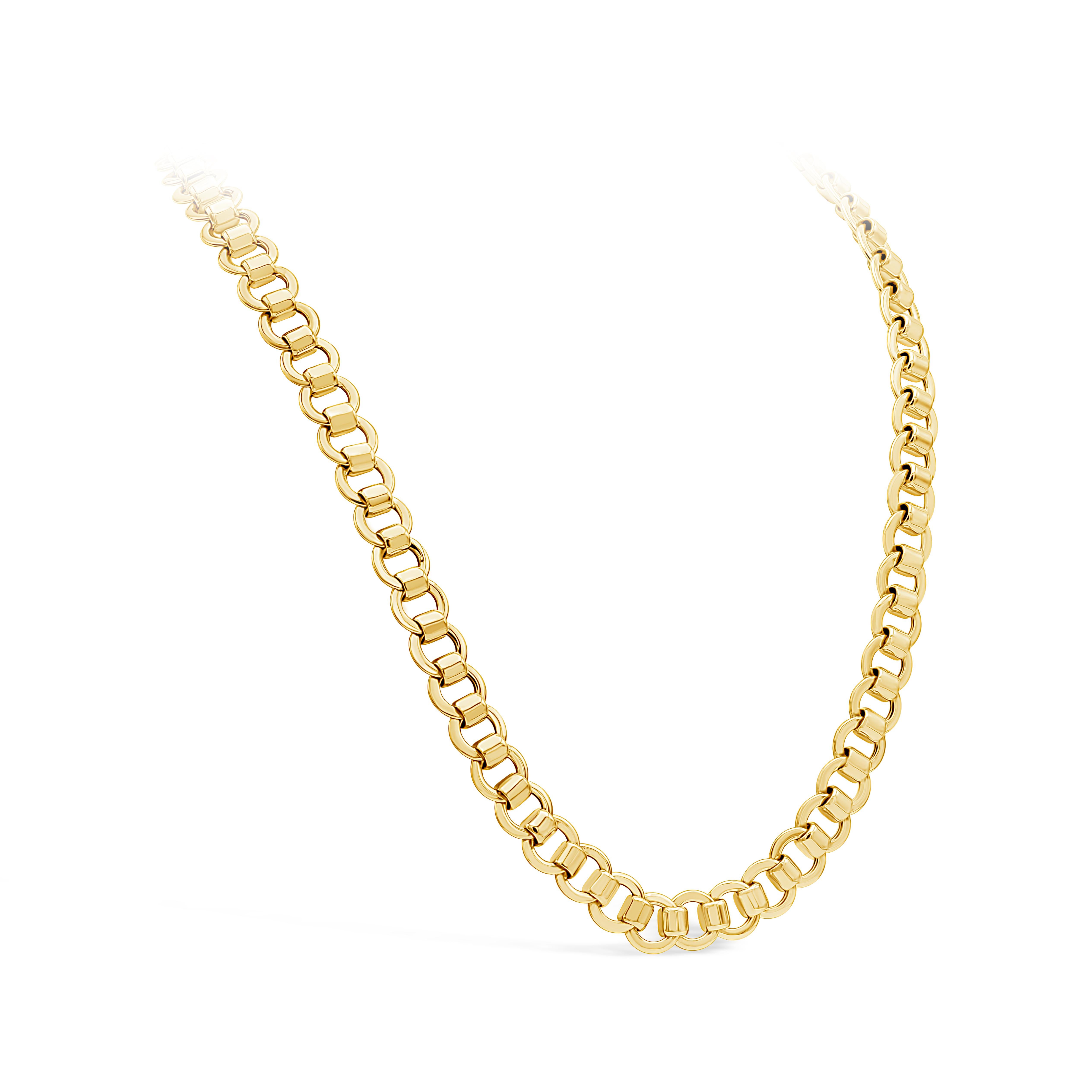 Ce collier à maillons ronds de 30 pouces au design moderniste est fabriqué en or jaune 14 carats. Environ 79 grammes

Avec bracelet assorti, veuillez consulter notre inventaire et nous contacter pour plus d'informations.
