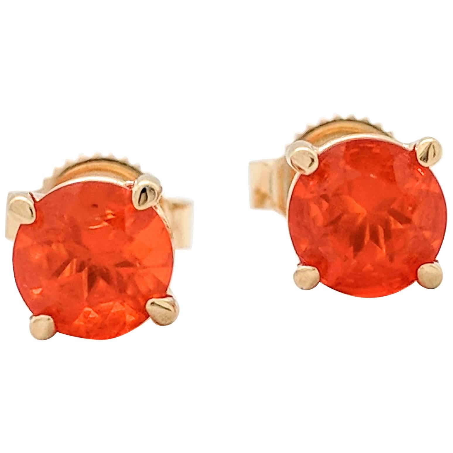 14 Karat Yellow Gold Round Mexican Fire Opal Four-Prong Stud Earrings