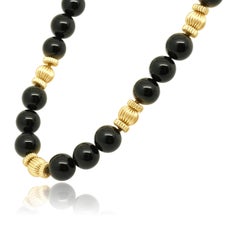 14 Karat Yellow Gold Round Onyx Bead Necklace with Fluted Spacers 33.5"