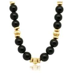 14 Karat Yellow Gold Round Onyx Bead Necklace with Fluted Spacers 33.5"