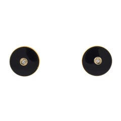 14 Karat Yellow Gold Round Onyx with Bezel Diamond Set Cufflinks Approximate .06