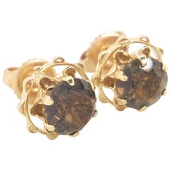 14 Karat Yellow Gold Round Smokey Quartz Stud Earrings