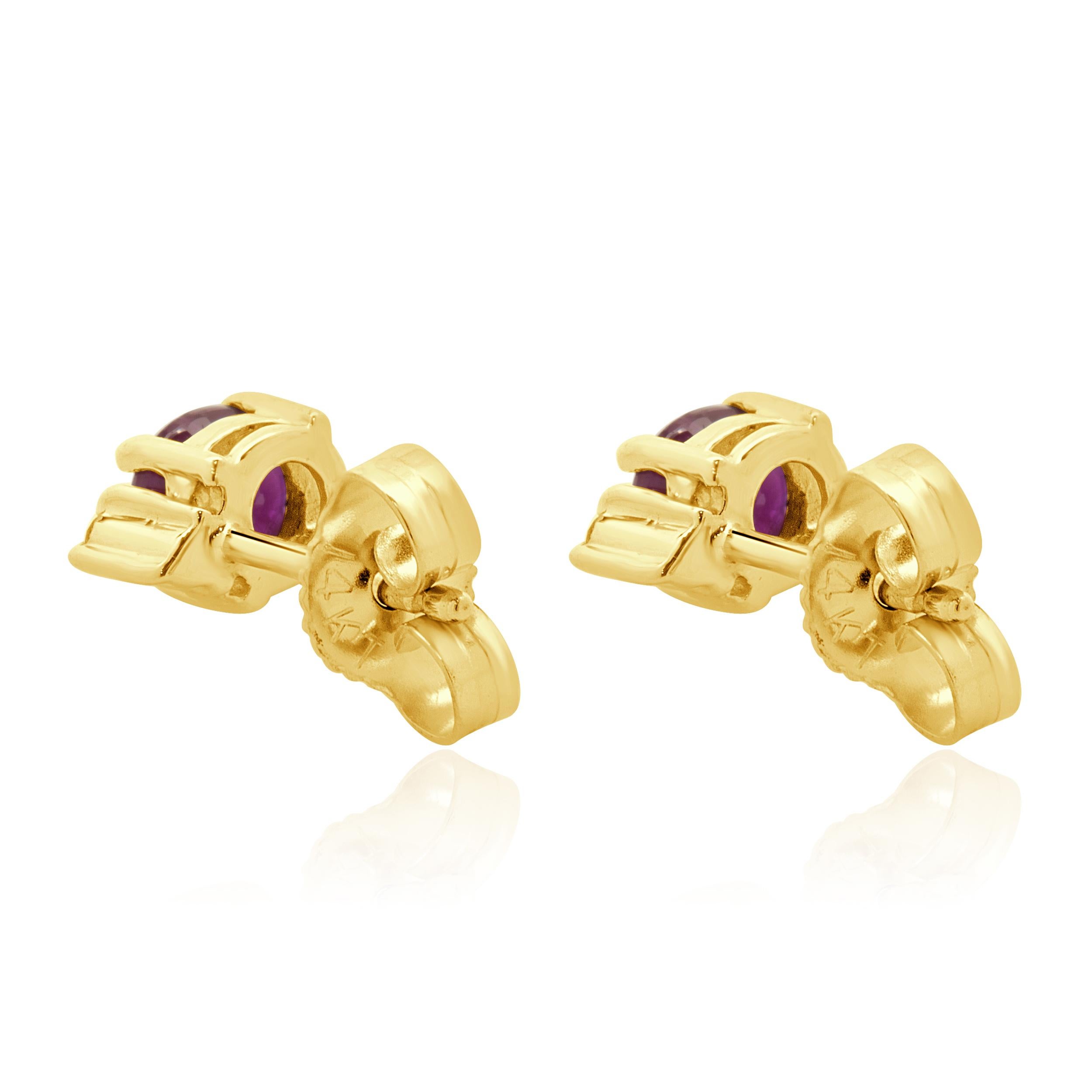 Round Cut 14 Karat Yellow Gold Rubellite Tourmaline and Diamond Stud Earrings For Sale